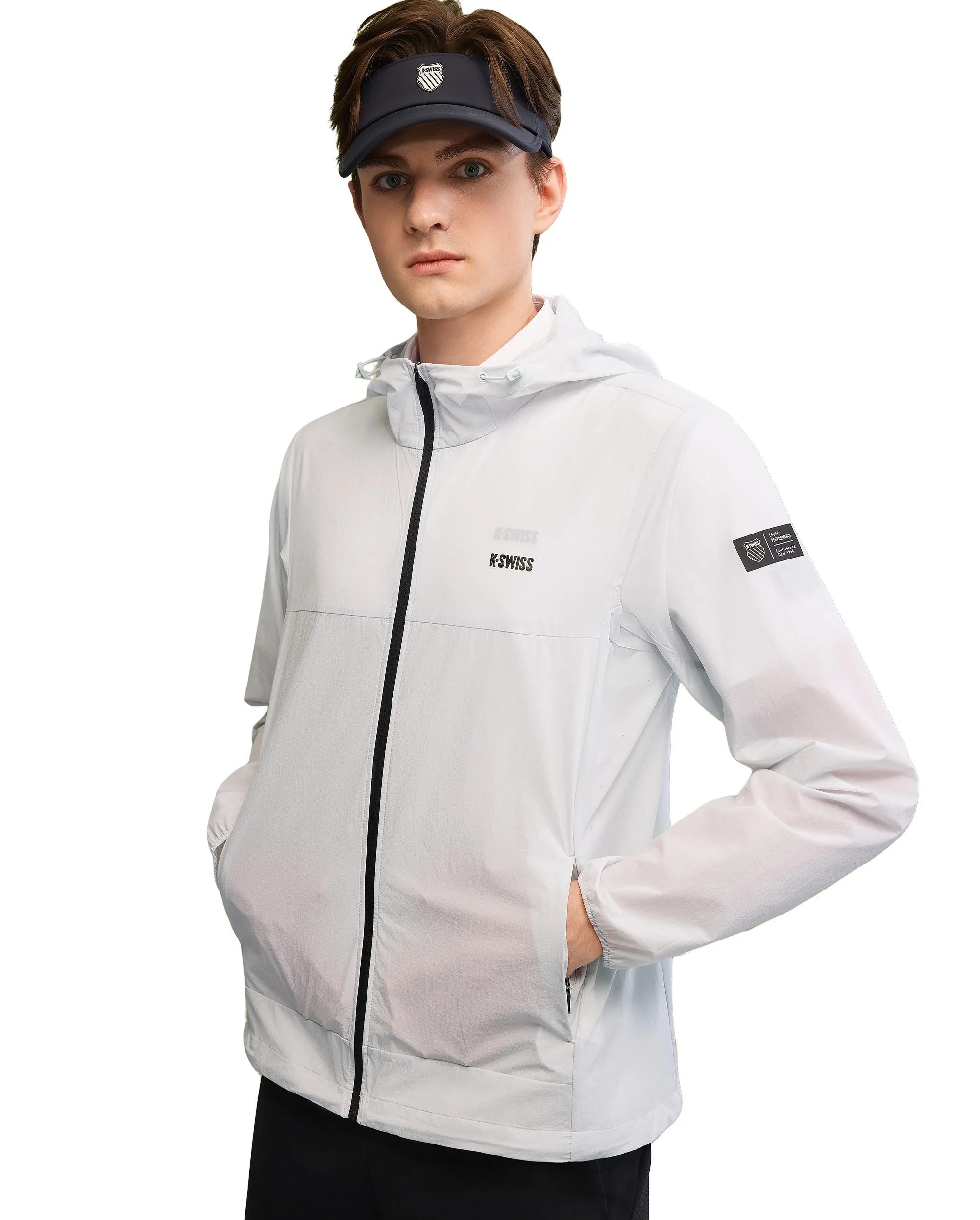 109985-413 | MEN'S K-SWISS LOGO STAND COLLAR HOODED JACKET | GRAY MIST/MOONBEAM