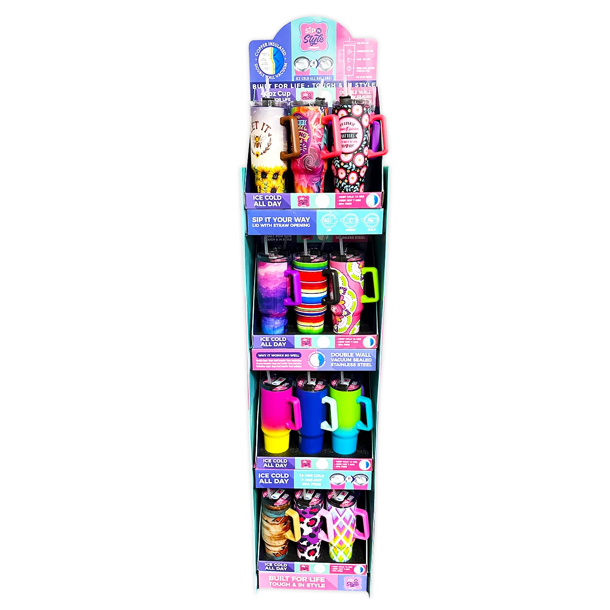 40 oz Insulated Printed Cup Assortment Floor Display - 24 Pieces Per Retail Ready Display 88523