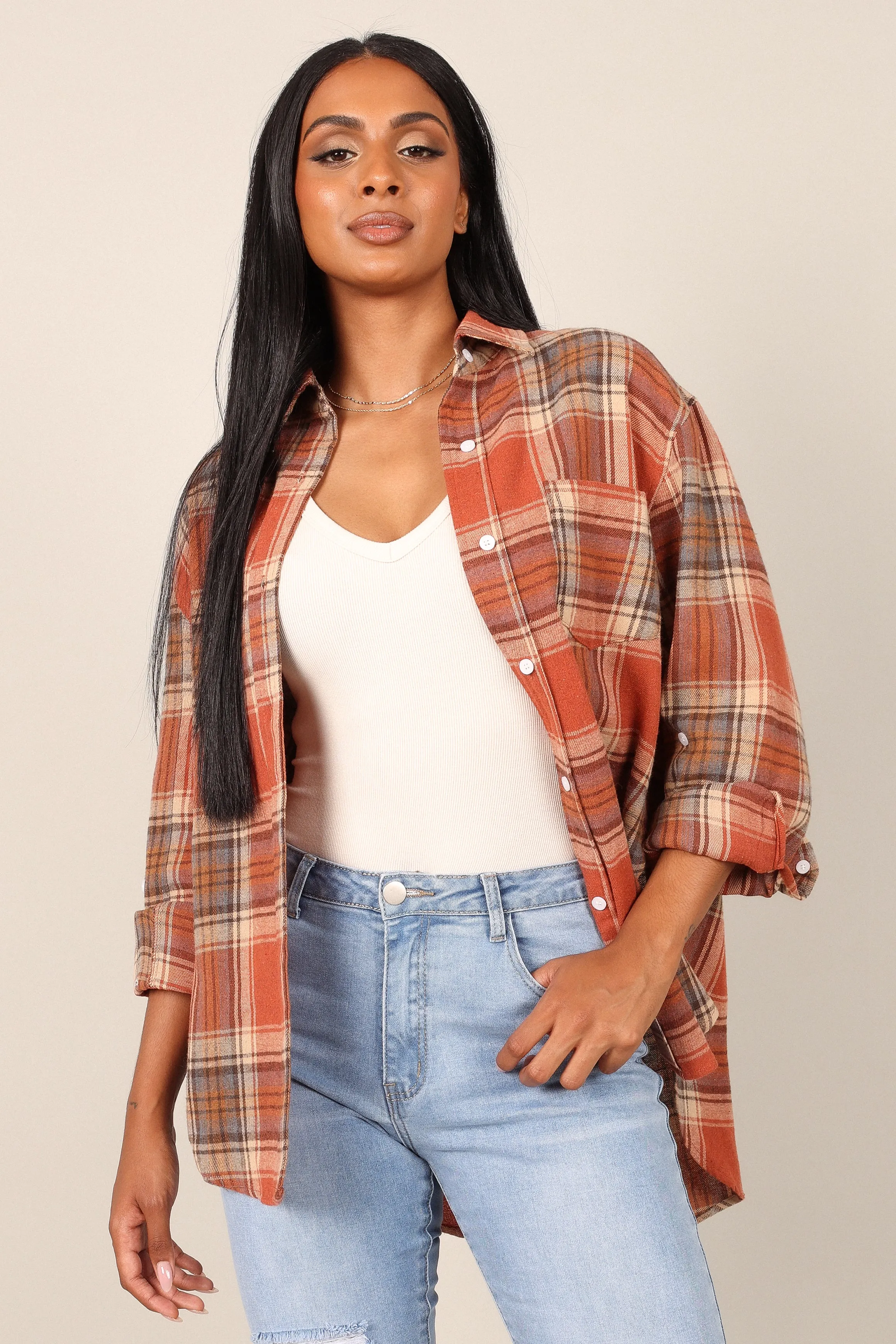 Alexia Plaid Button Down Shirt - Brick