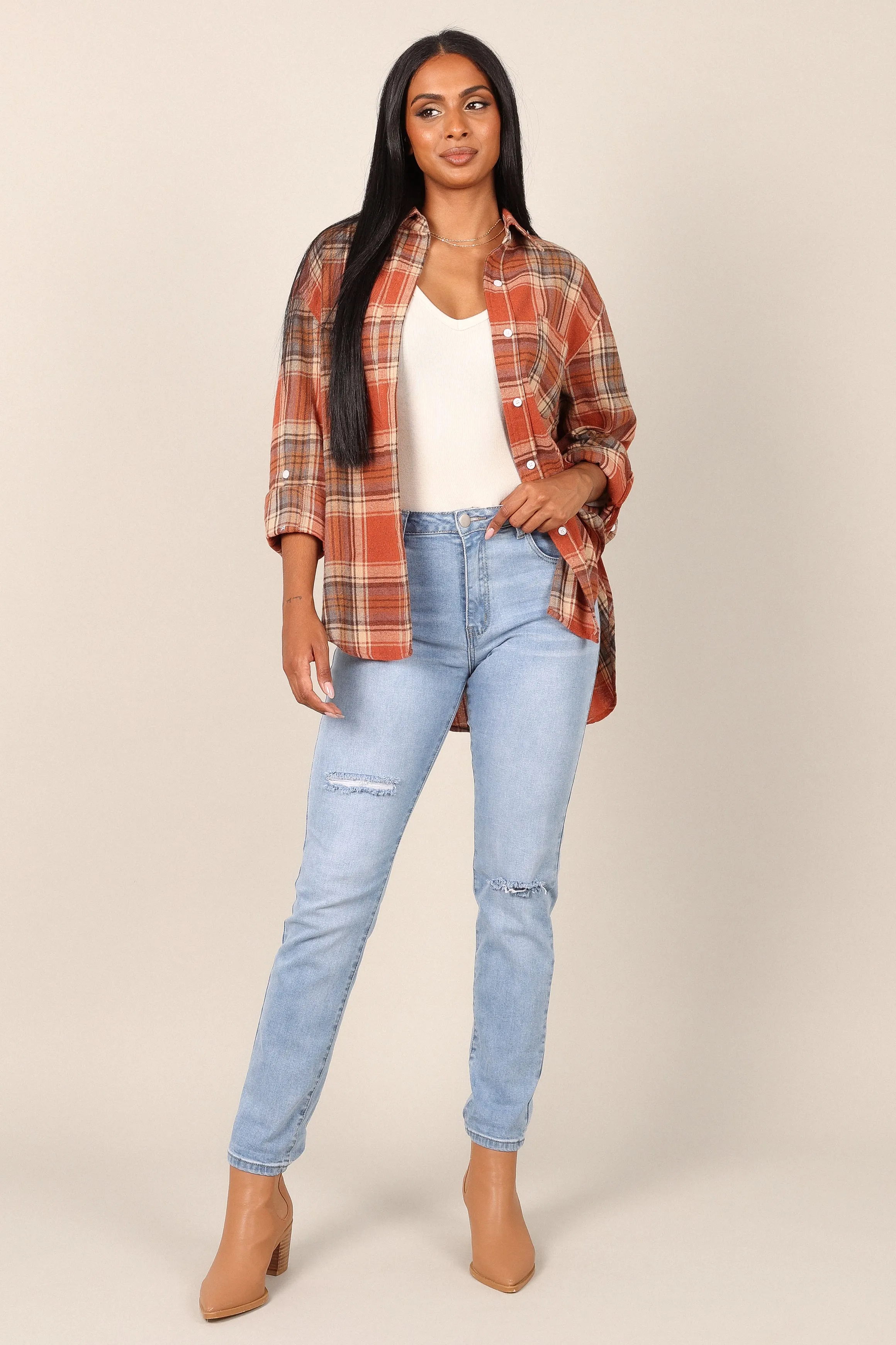Alexia Plaid Button Down Shirt - Brick