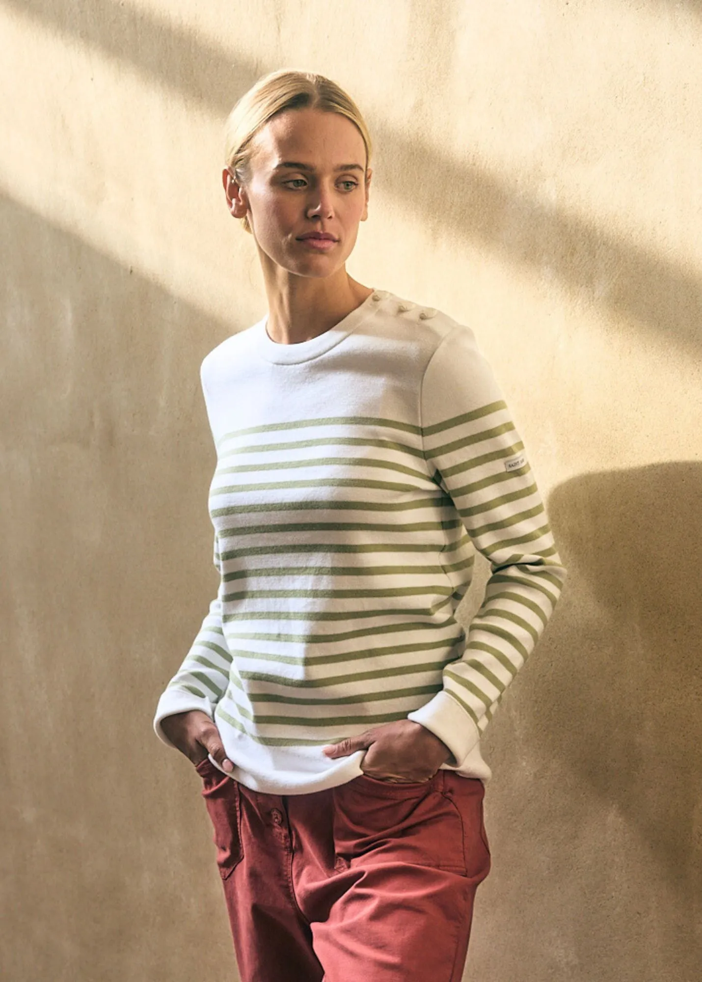 AVIGNON - Striped Sweater With Button Shoulder for Women | 100% organic cotton (WHITE / SOFT ALMOND)