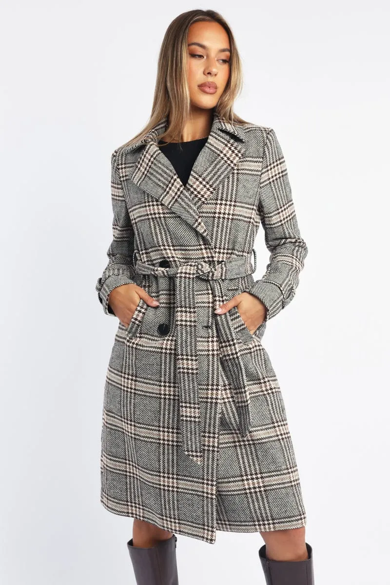 Black Check Belted Coat Knee Length Long Sleeve