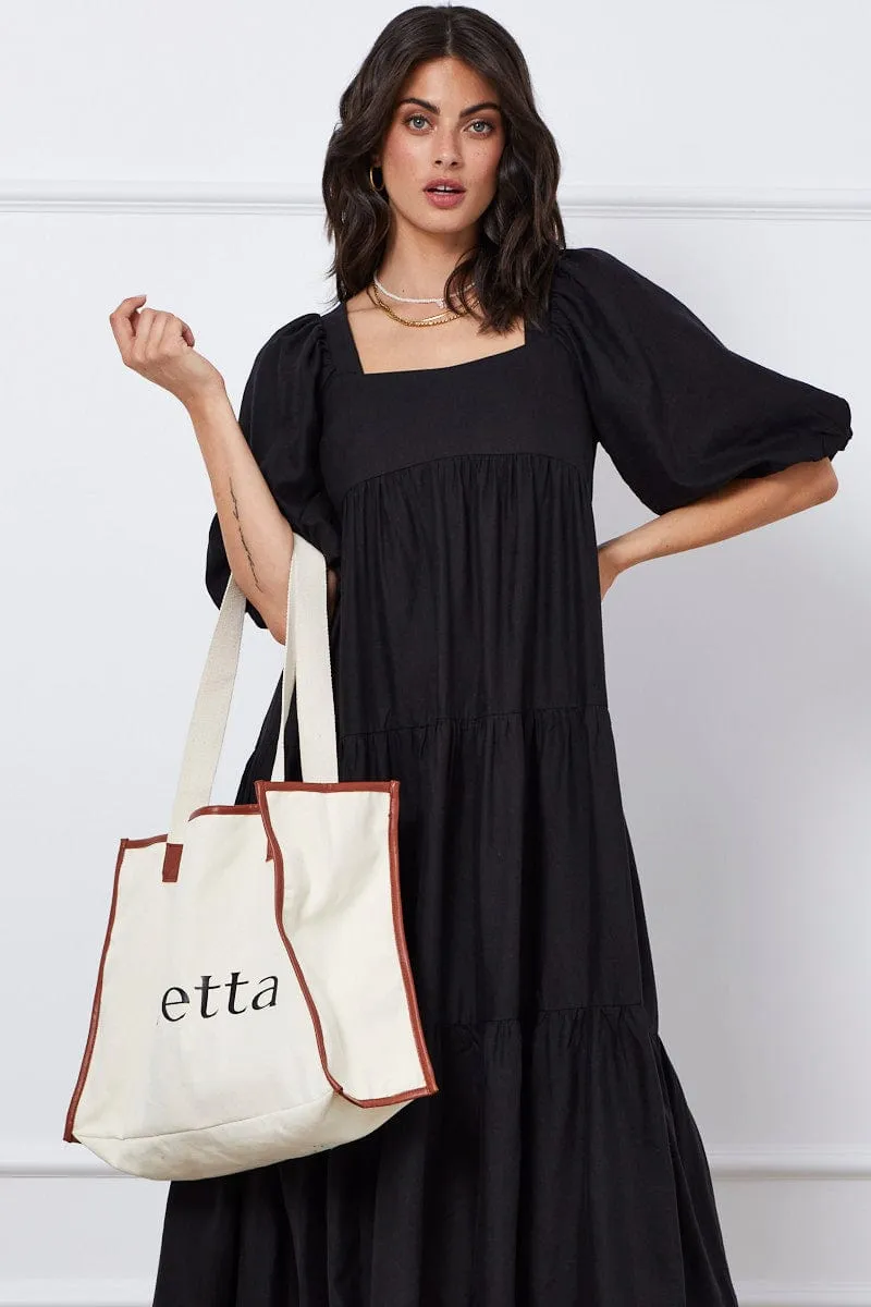 Black Midi Dress Short Sleeve Square Neck