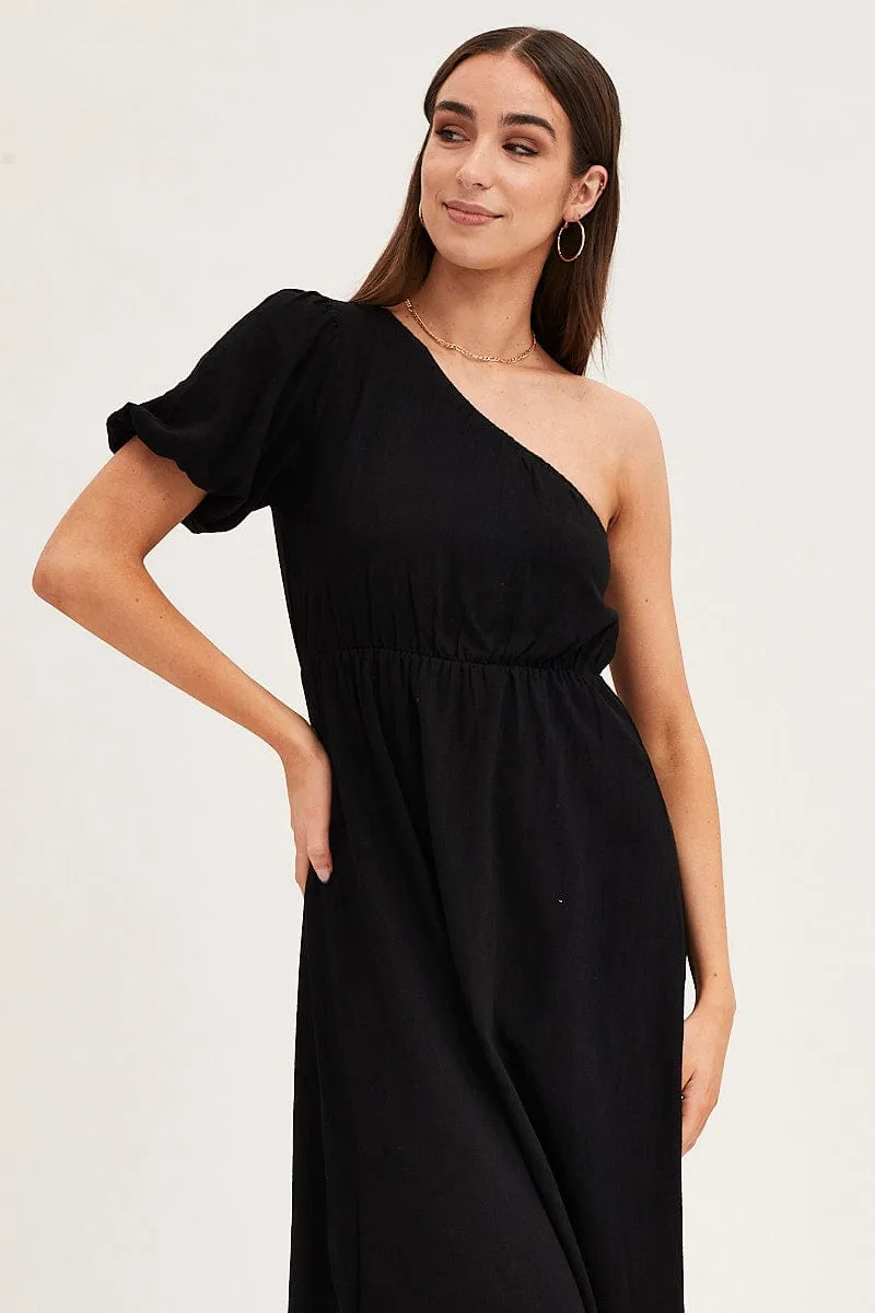 Black One Shoulder Midi Dress