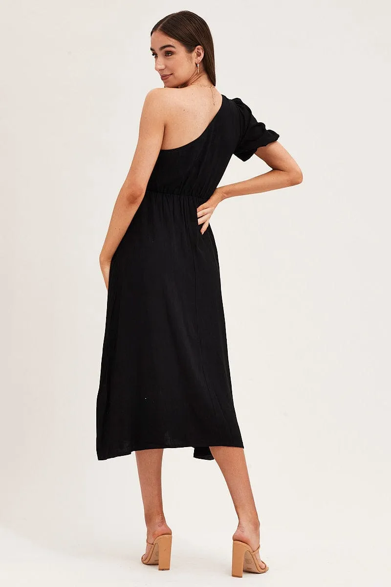 Black One Shoulder Midi Dress