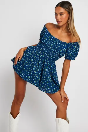 Blue Ditsy Ruffle Playsuit Short Sleeve