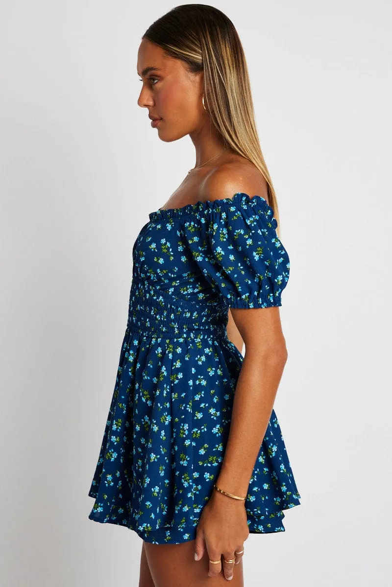 Blue Ditsy Ruffle Playsuit Short Sleeve