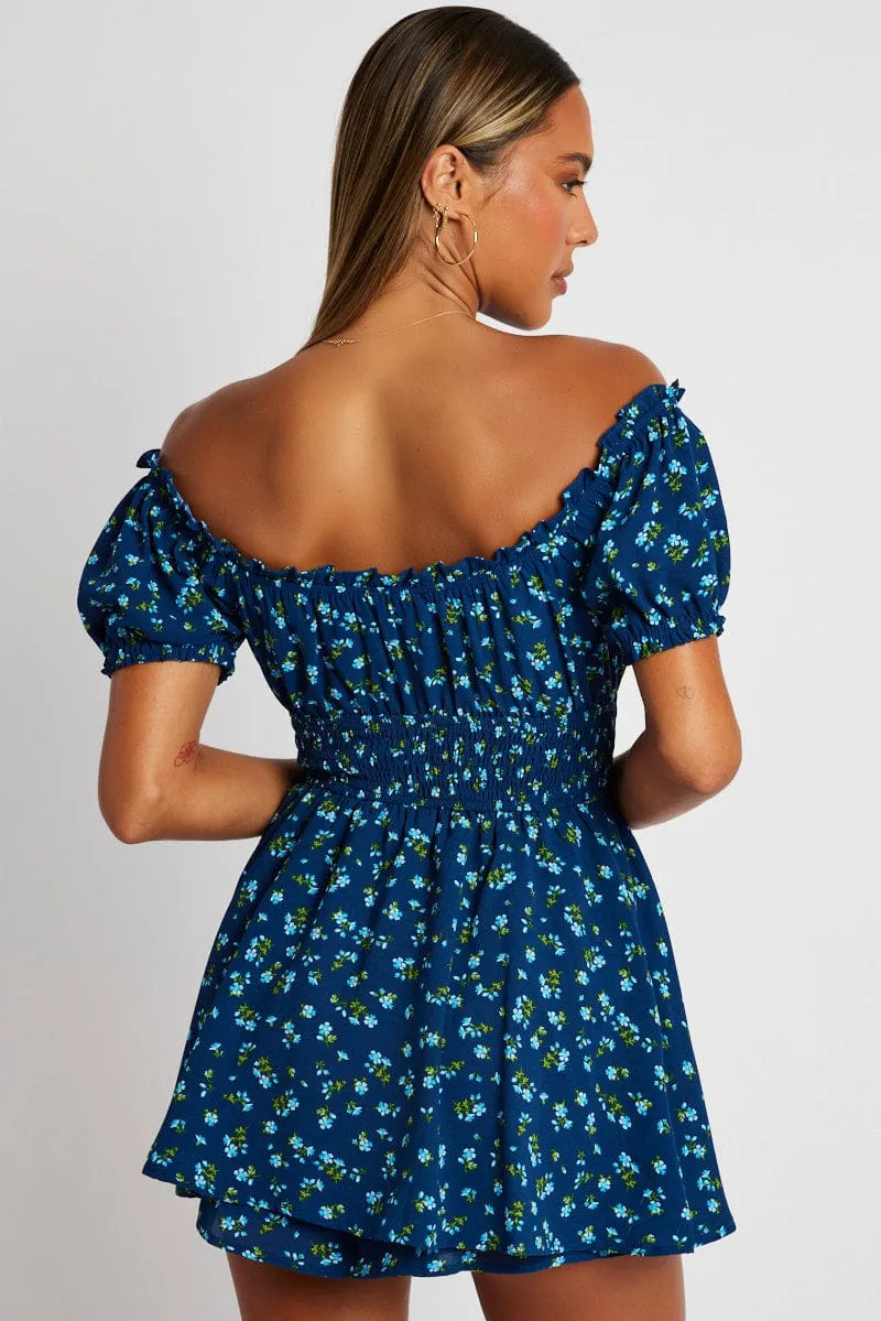 Blue Ditsy Ruffle Playsuit Short Sleeve