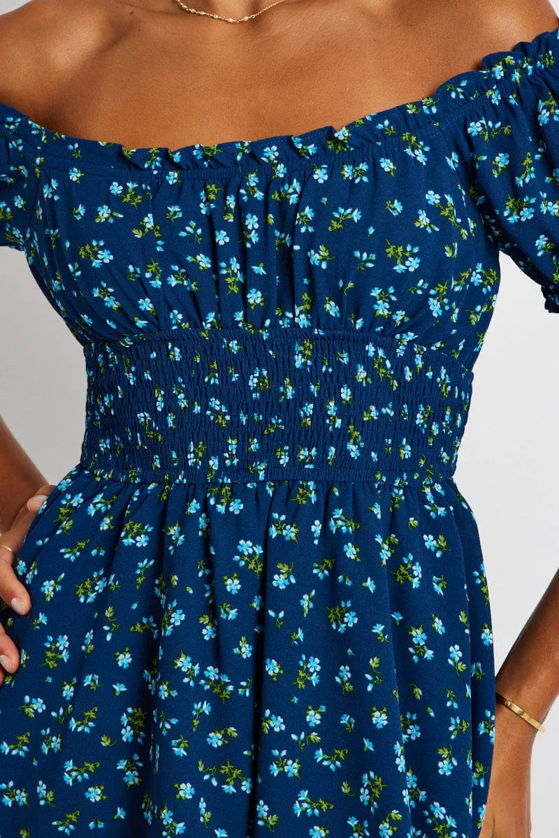 Blue Ditsy Ruffle Playsuit Short Sleeve