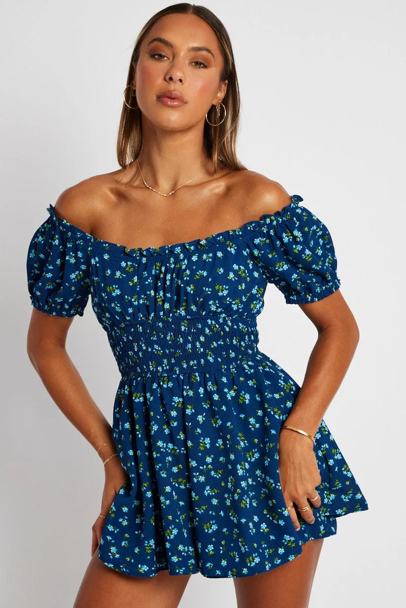 Blue Ditsy Ruffle Playsuit Short Sleeve