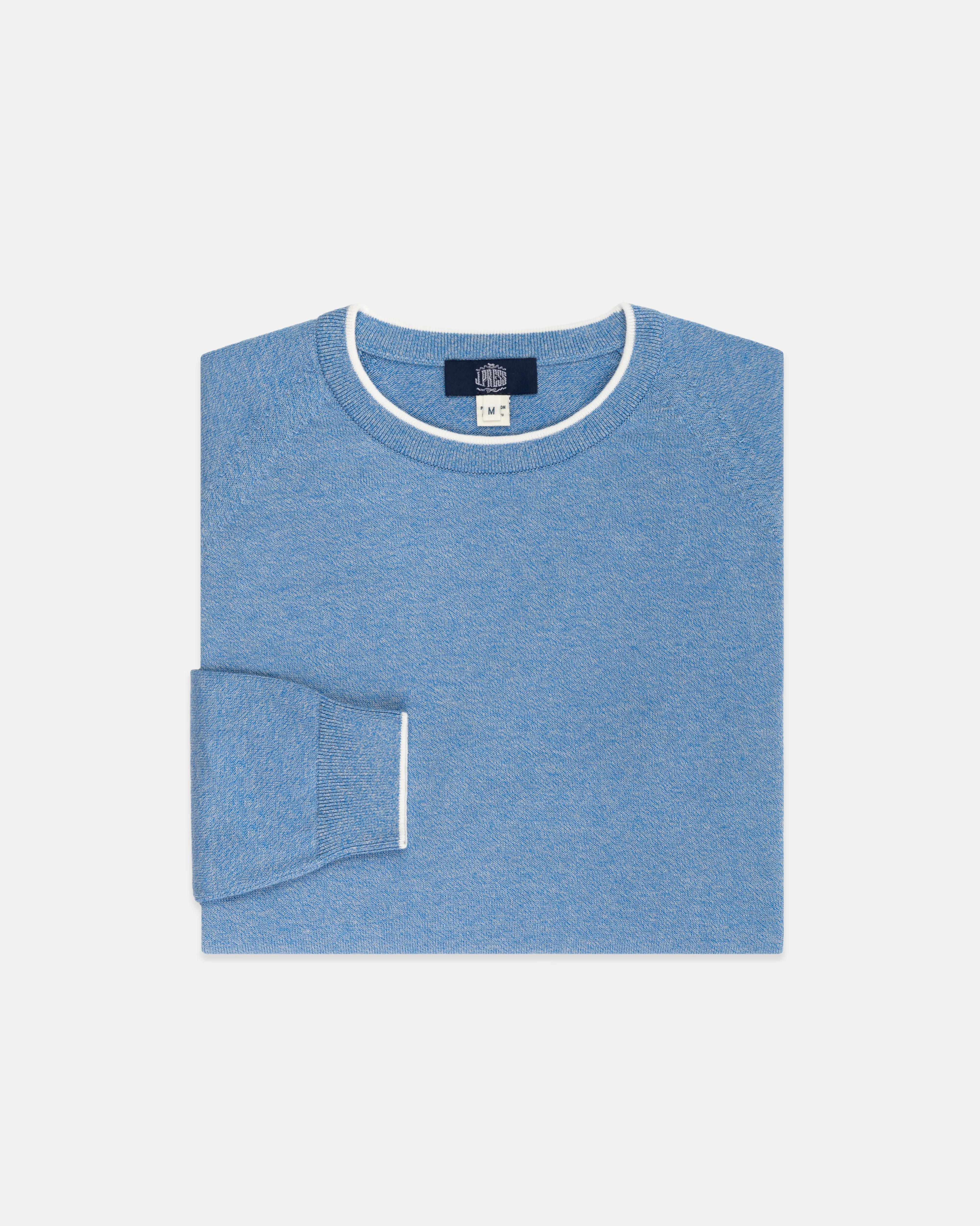 BLUE MARL COTTON CREWNECK TIPPED SWEATER