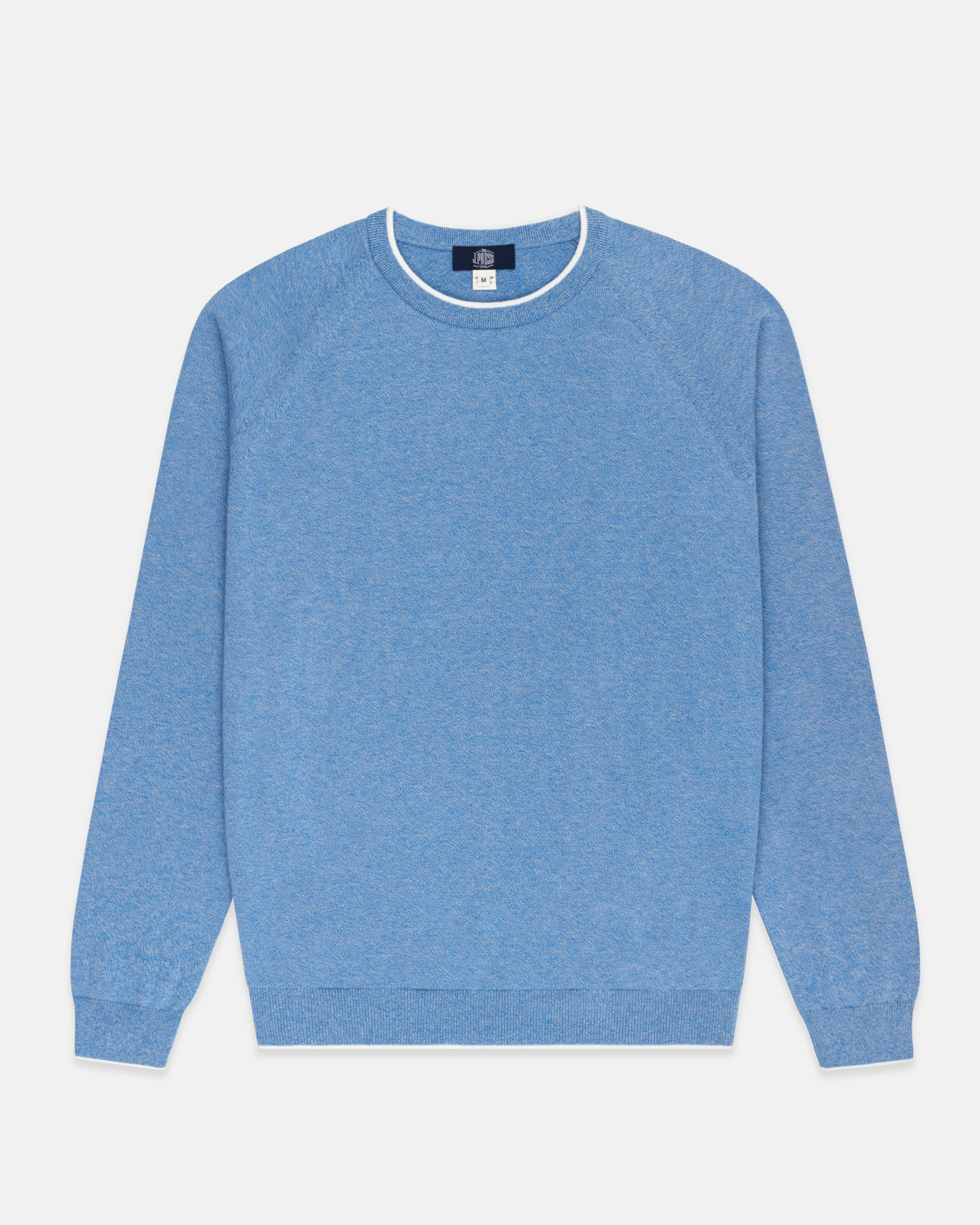 BLUE MARL COTTON CREWNECK TIPPED SWEATER