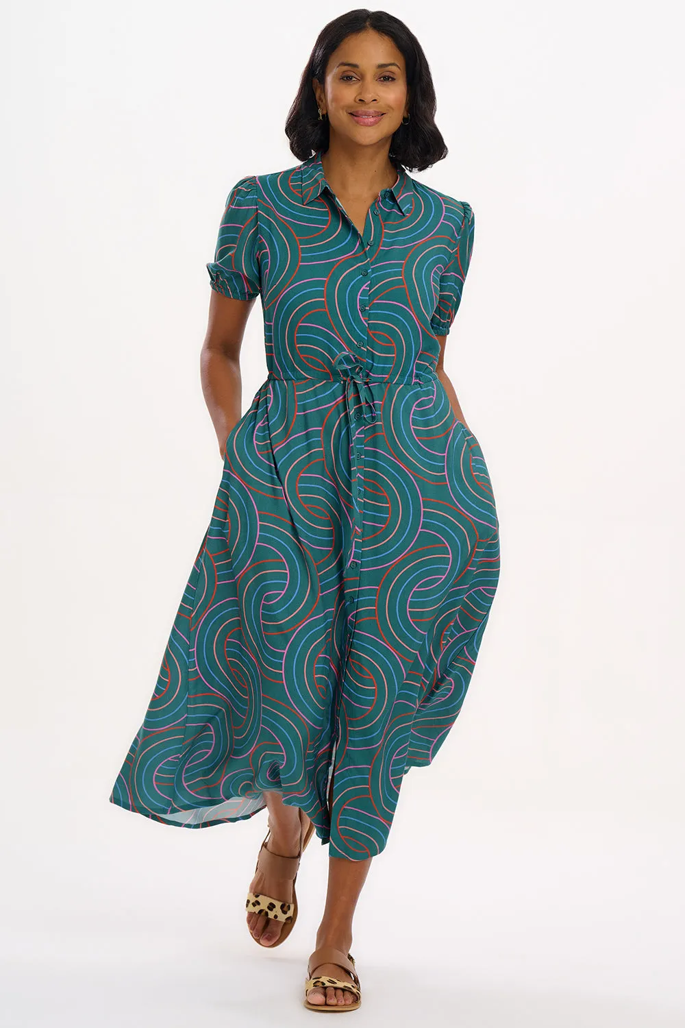 Cassandra Midi Shirt Dress - Green. Concentric Circles