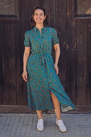 Cassandra Midi Shirt Dress - Green. Concentric Circles