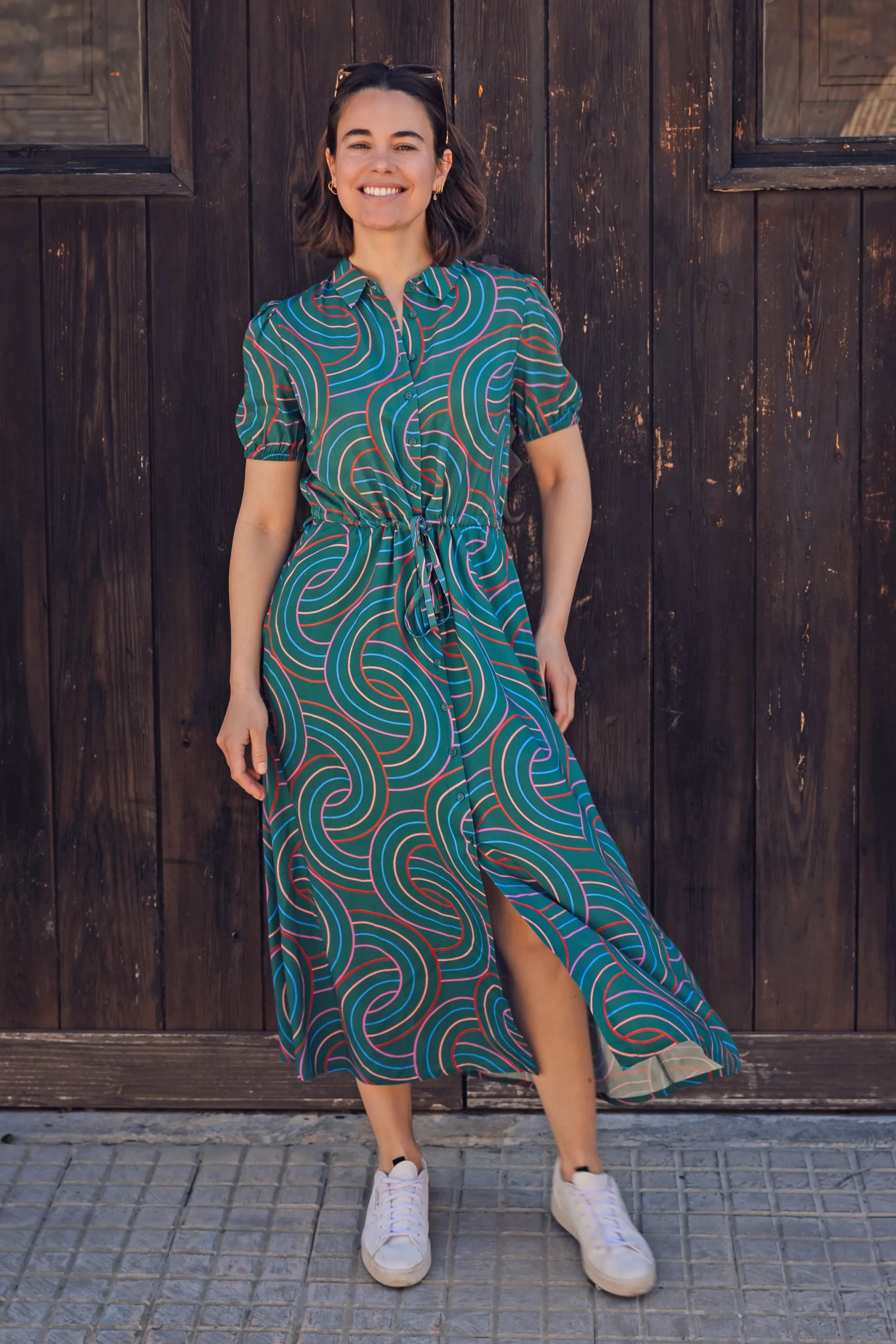 Cassandra Midi Shirt Dress - Green. Concentric Circles