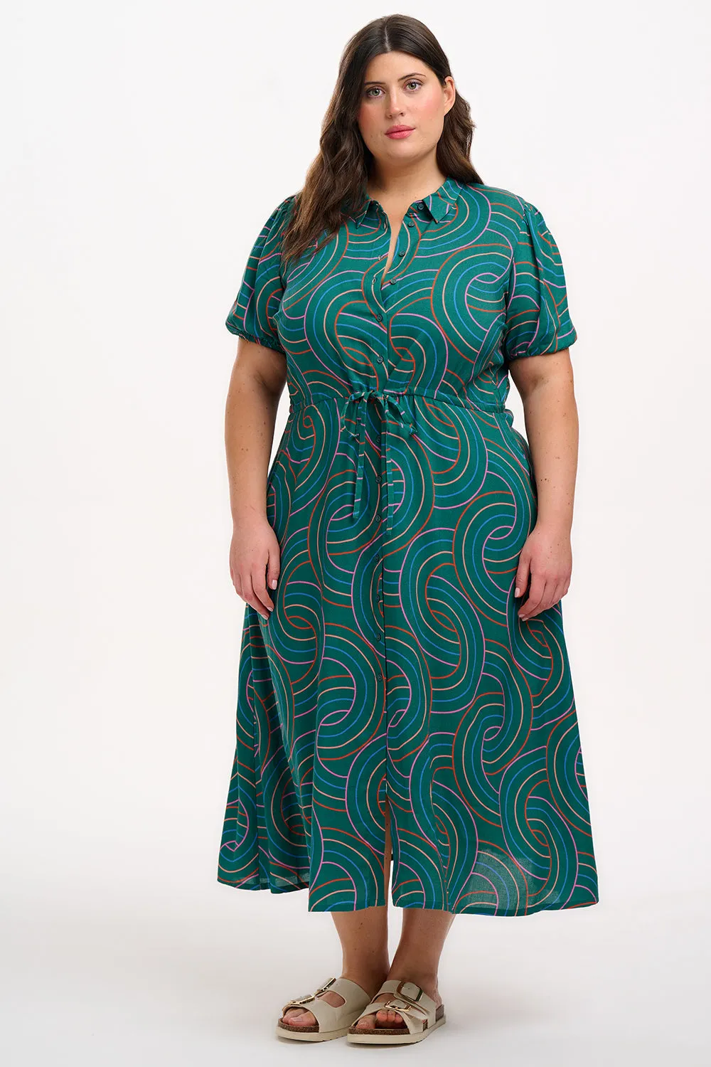 Cassandra Midi Shirt Dress - Green. Concentric Circles
