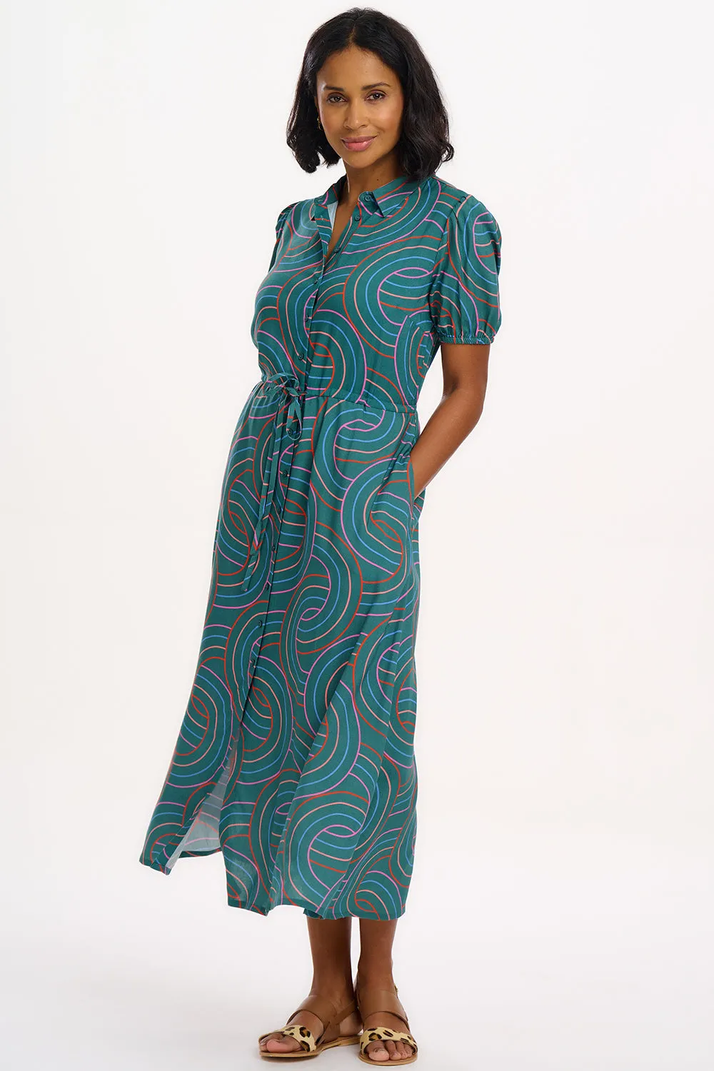 Cassandra Midi Shirt Dress - Green. Concentric Circles