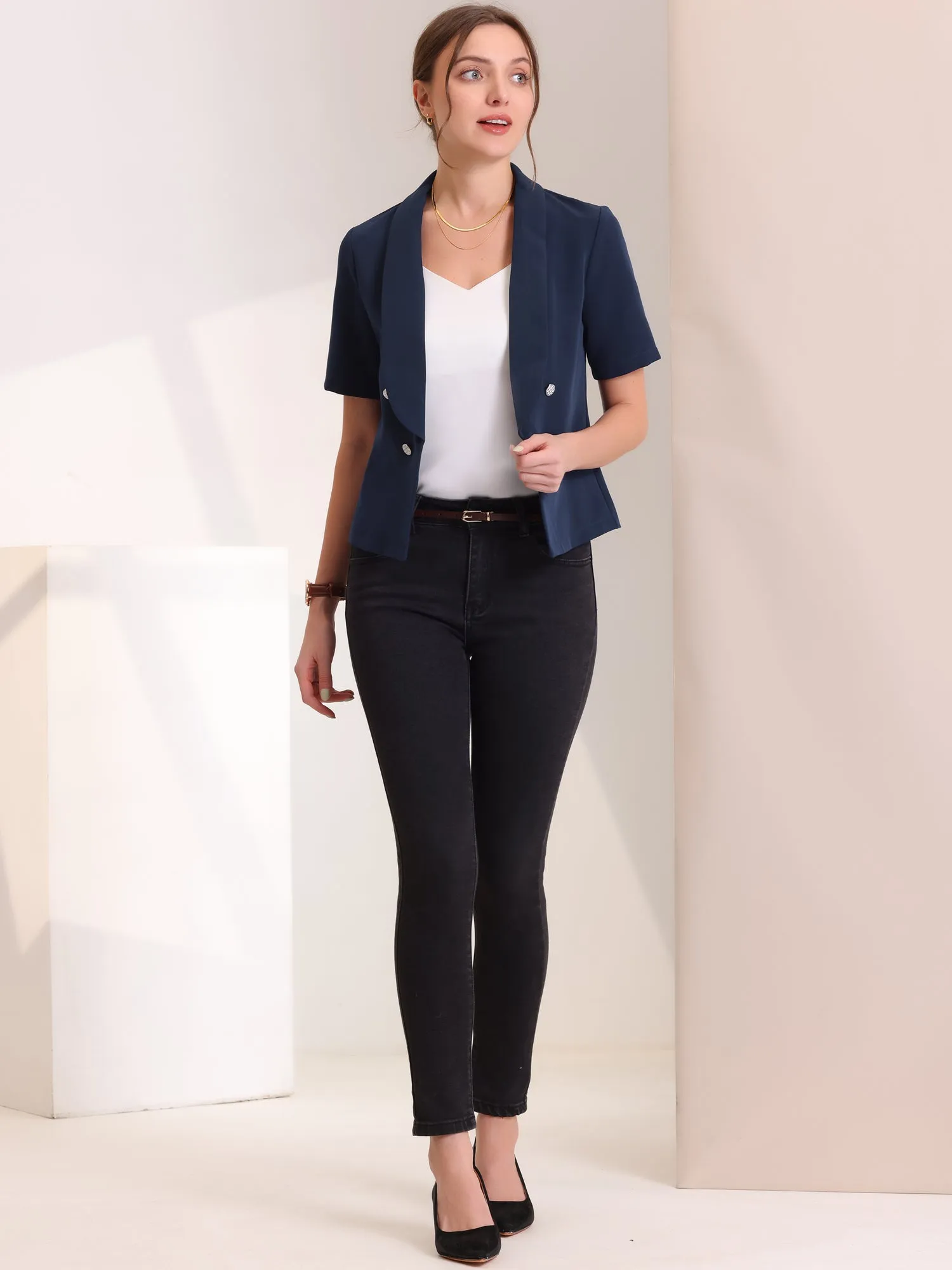 Casual Shawl Collar Open Front Cardigan Short Sleeve Work Blazer
