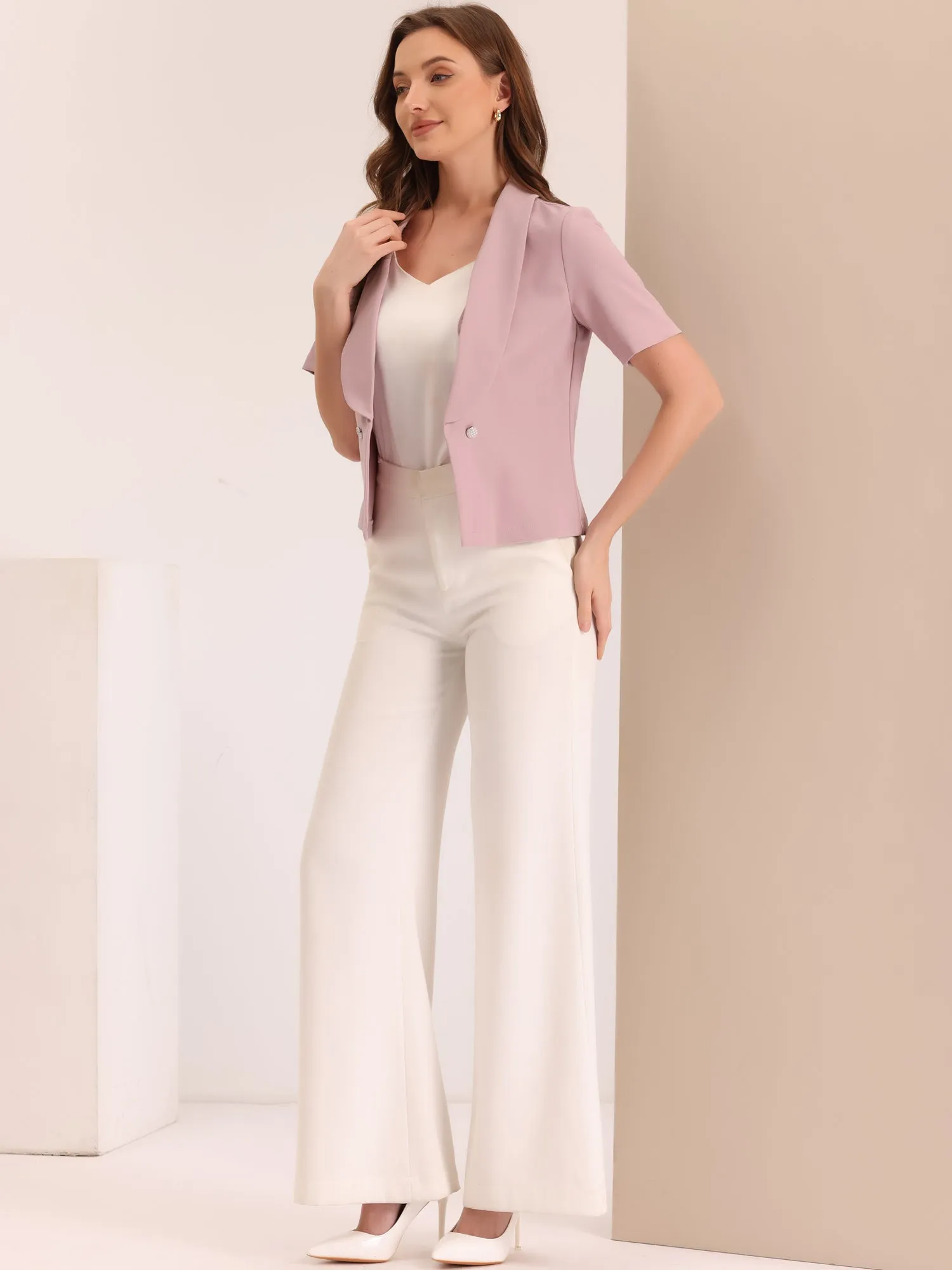 Casual Shawl Collar Open Front Cardigan Short Sleeve Work Blazer