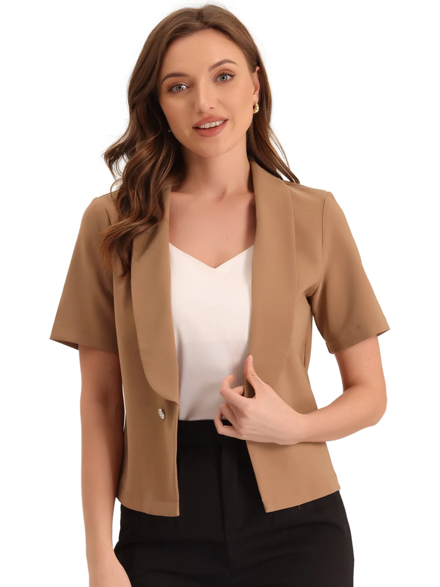 Casual Shawl Collar Open Front Cardigan Short Sleeve Work Blazer