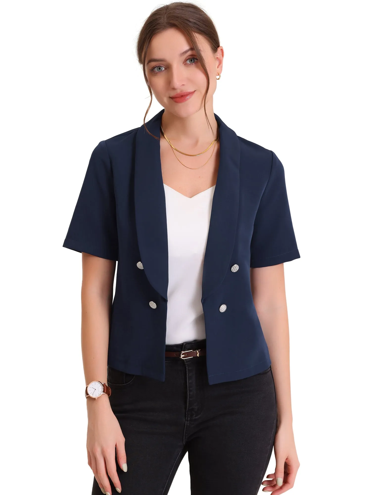 Casual Shawl Collar Open Front Cardigan Short Sleeve Work Blazer