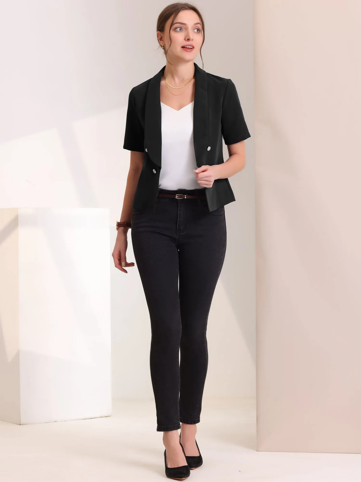 Casual Shawl Collar Open Front Cardigan Short Sleeve Work Blazer