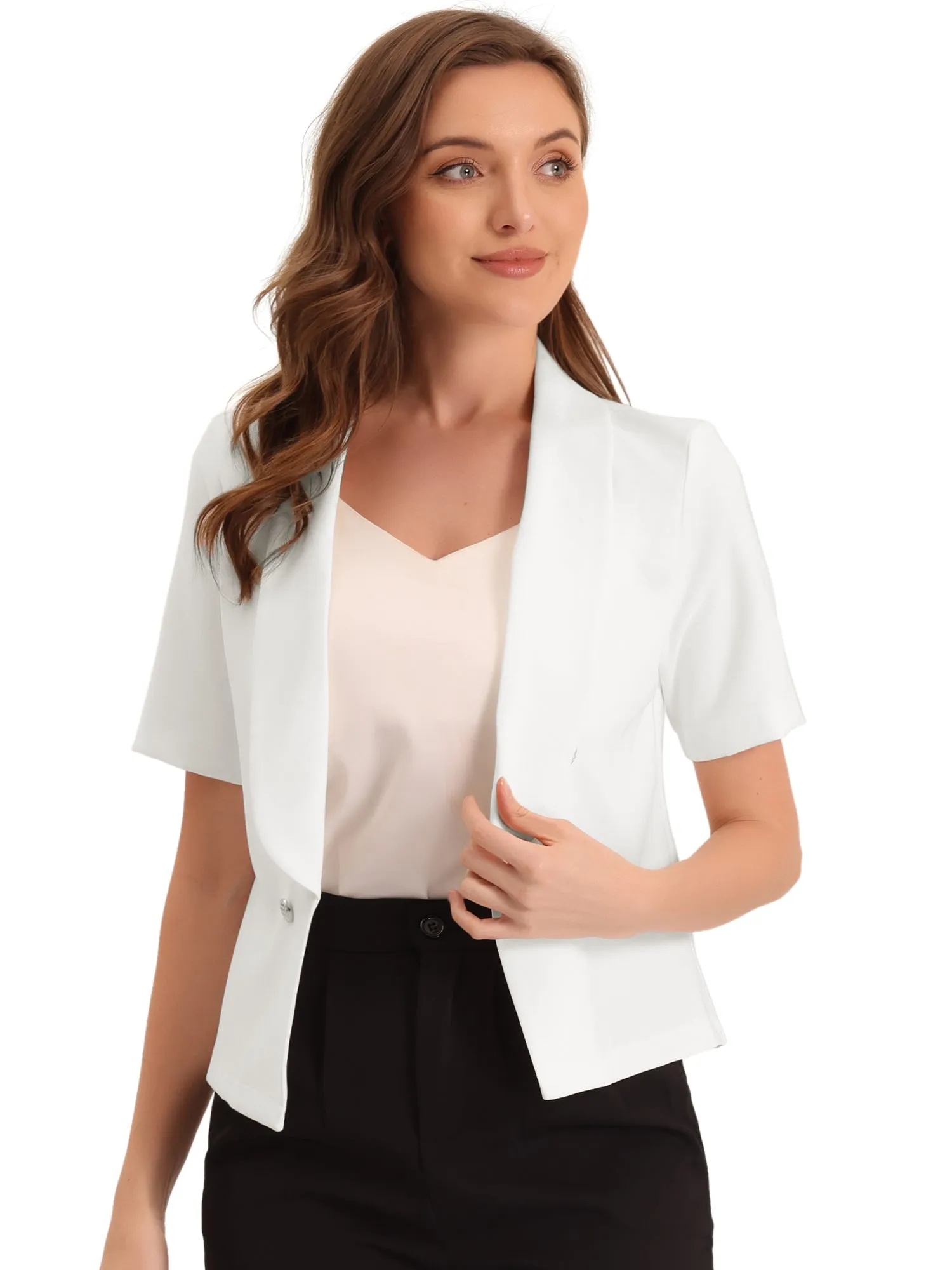Casual Shawl Collar Open Front Cardigan Short Sleeve Work Blazer