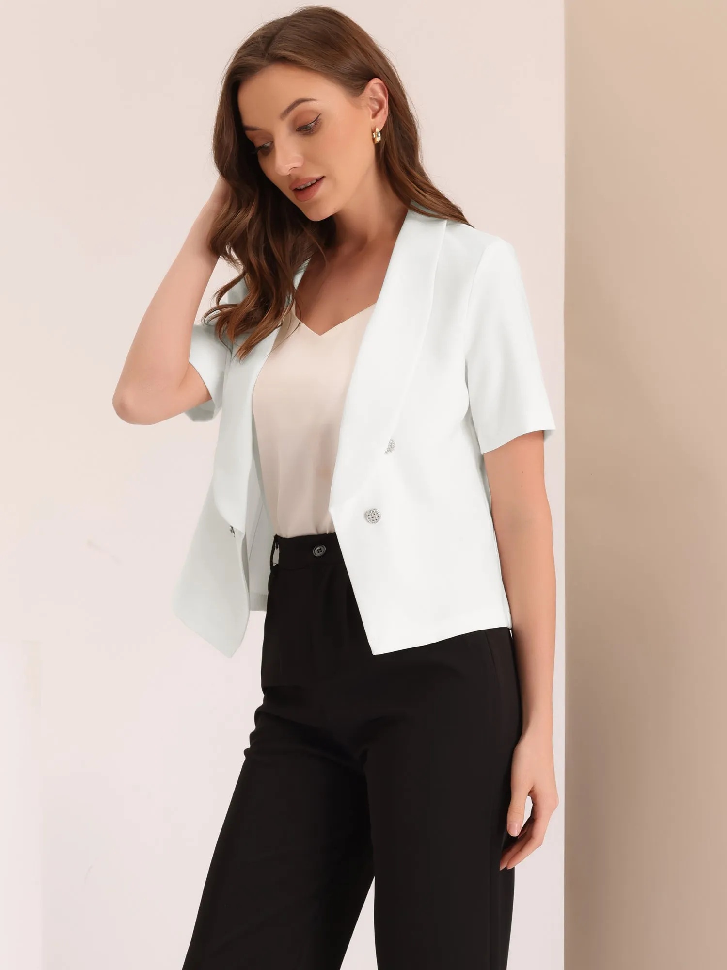 Casual Shawl Collar Open Front Cardigan Short Sleeve Work Blazer