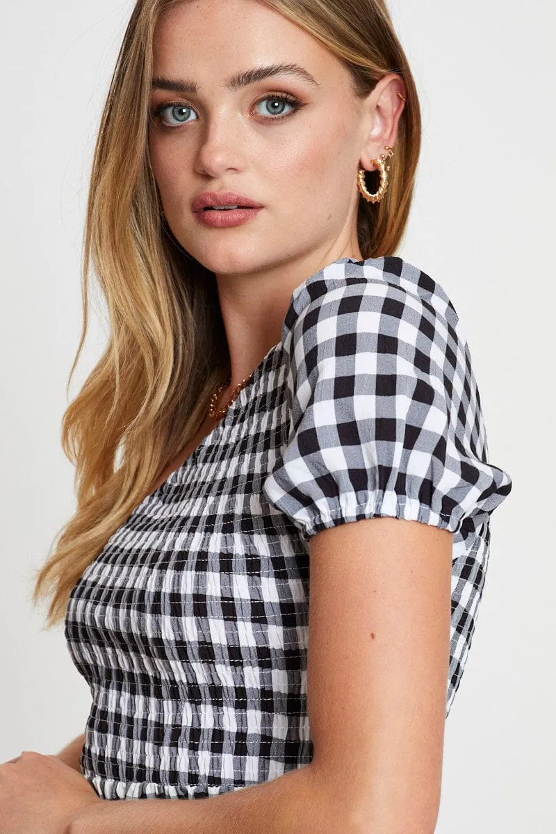Check Midi Dress One Shoulder Short Sleeve