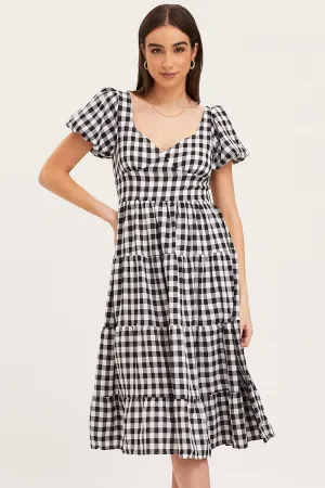 Check Midi Dress Short Sleeve Evening