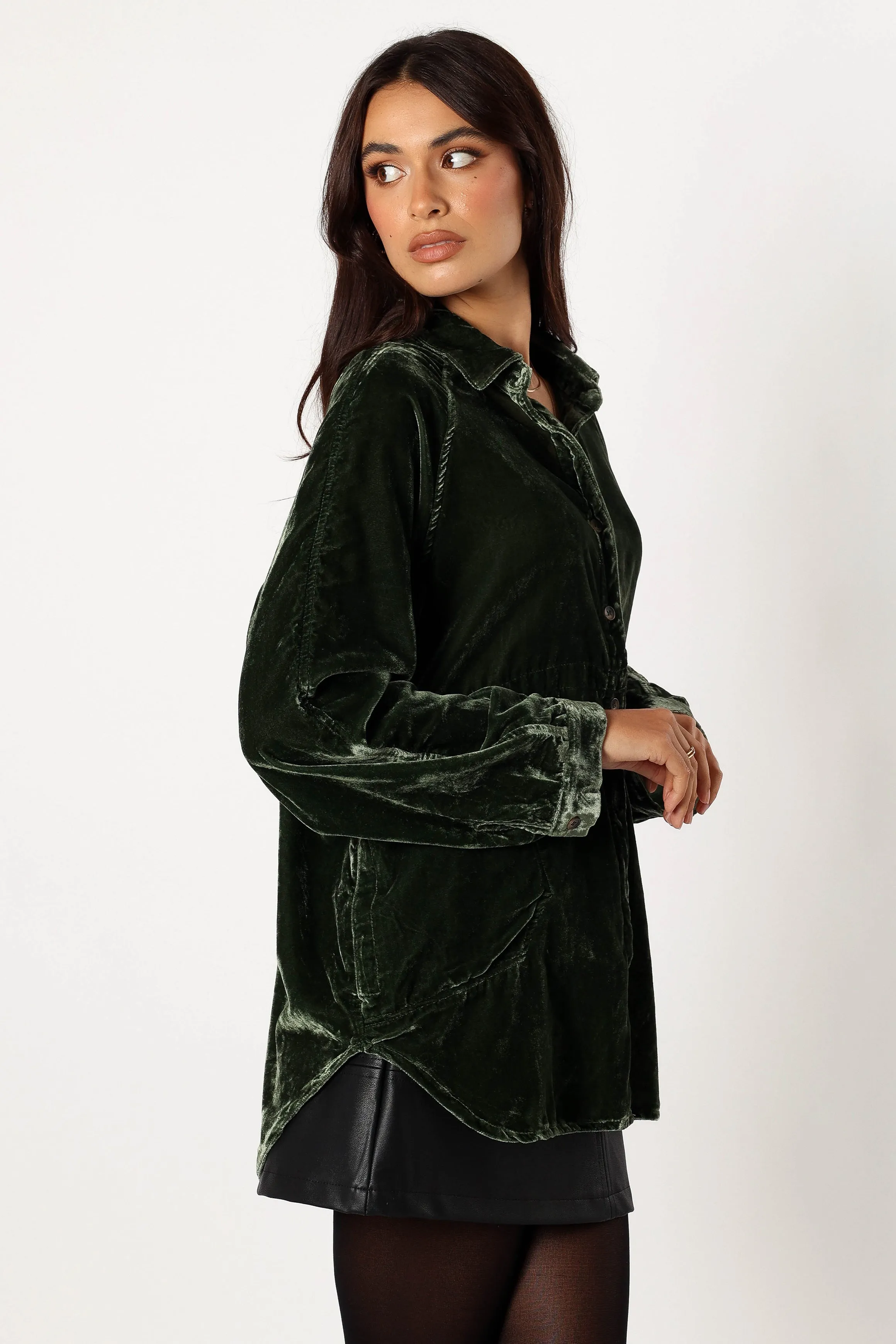 Chelsea Velvet Oversized Button Down Top - Olive