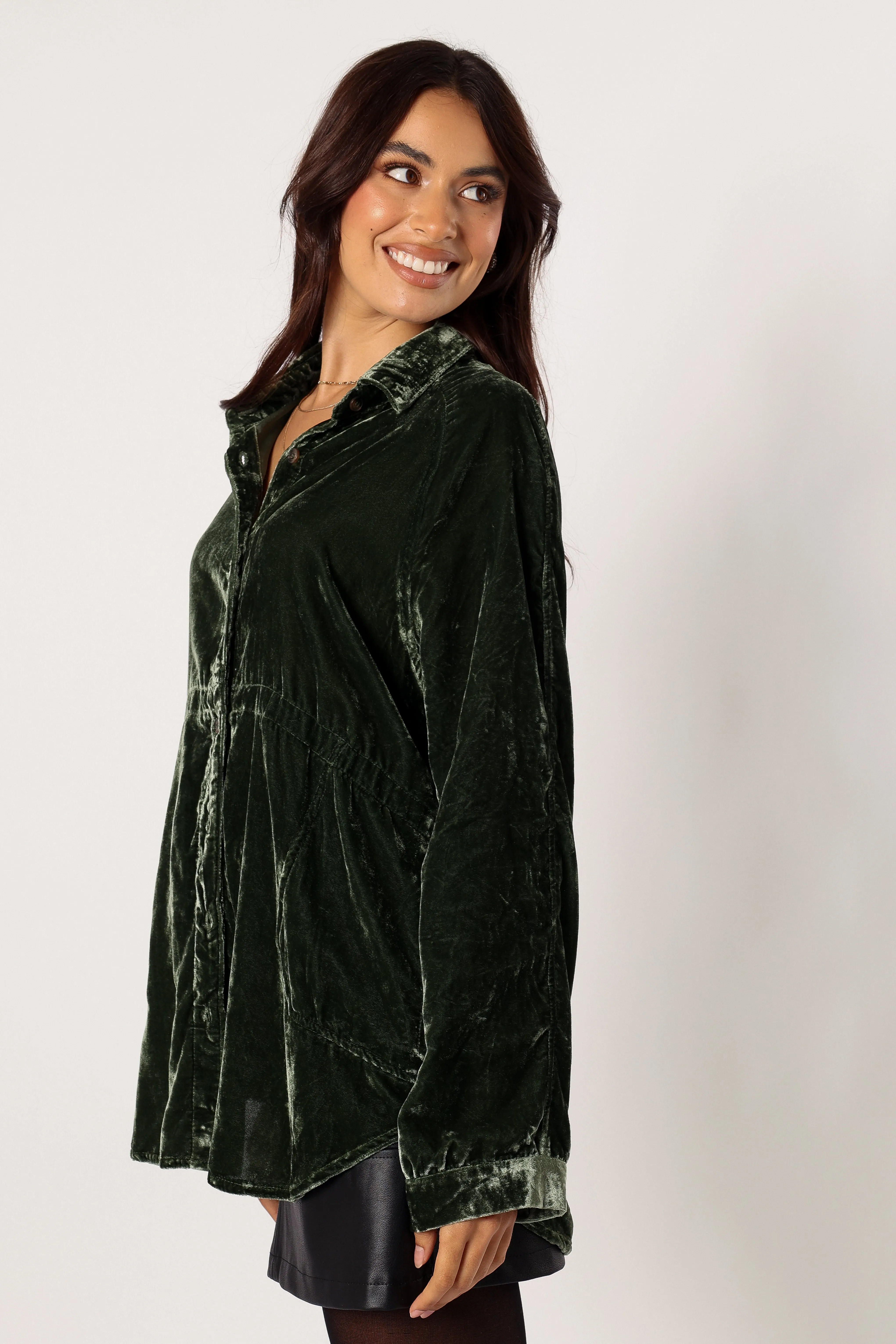 Chelsea Velvet Oversized Button Down Top - Olive