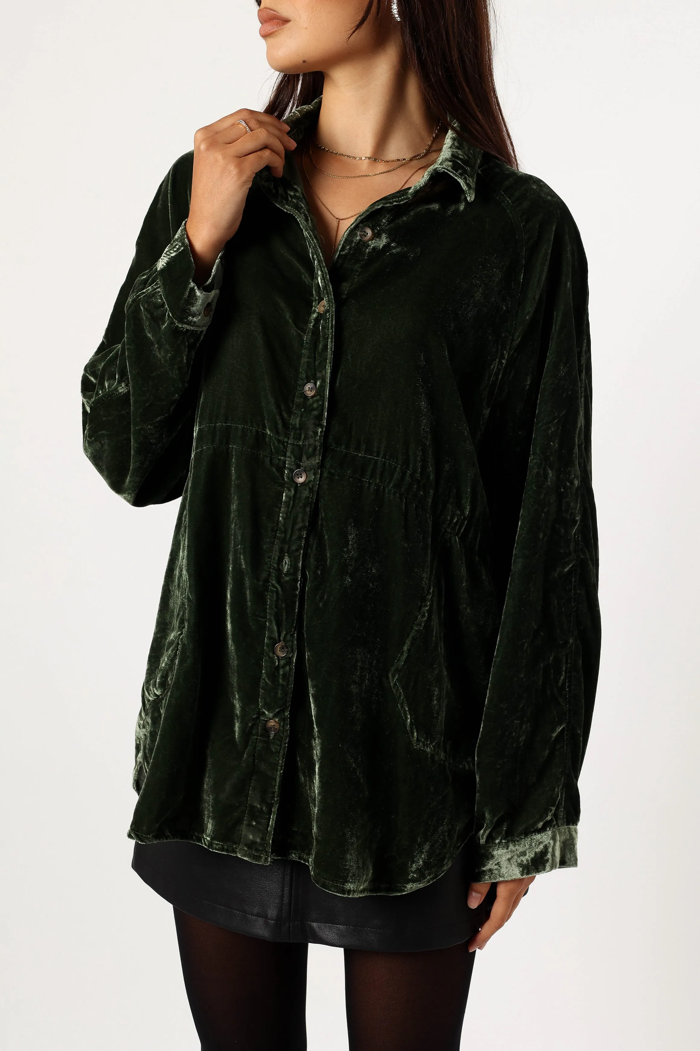 Chelsea Velvet Oversized Button Down Top - Olive