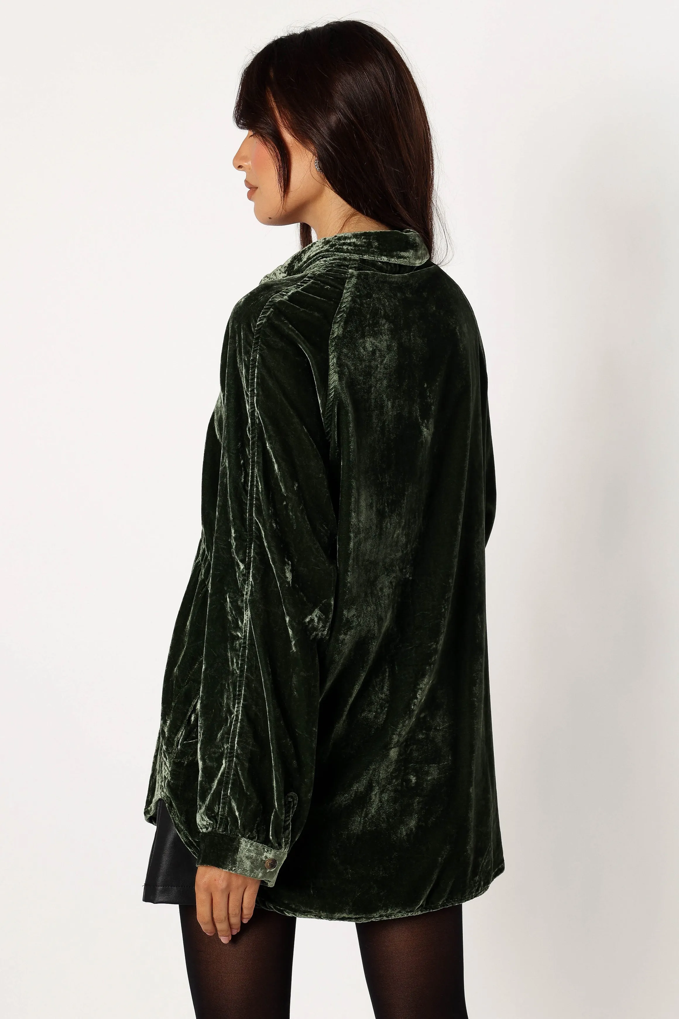 Chelsea Velvet Oversized Button Down Top - Olive