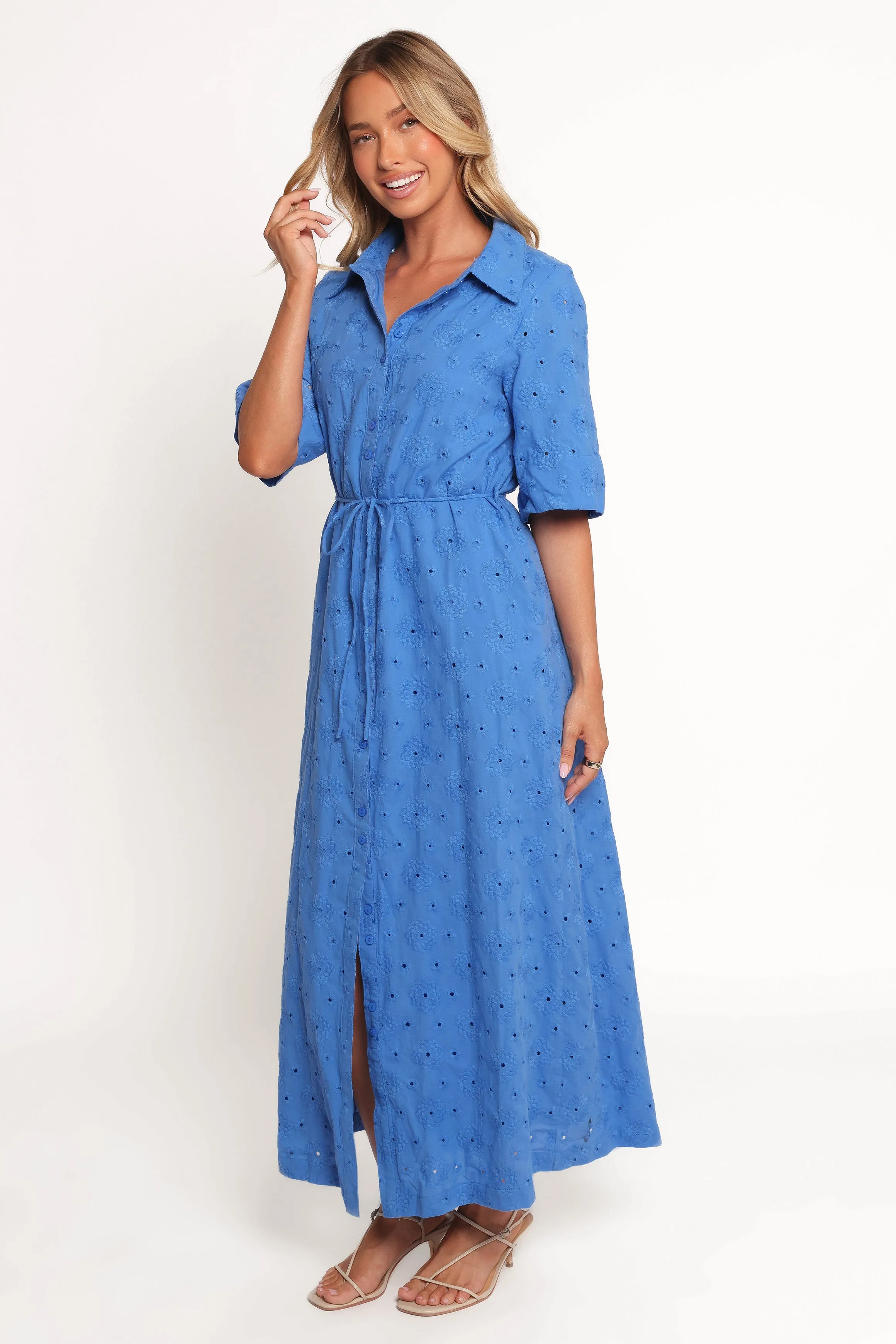 Cooper Embroidered Button Through Midi Dress - Cobalt