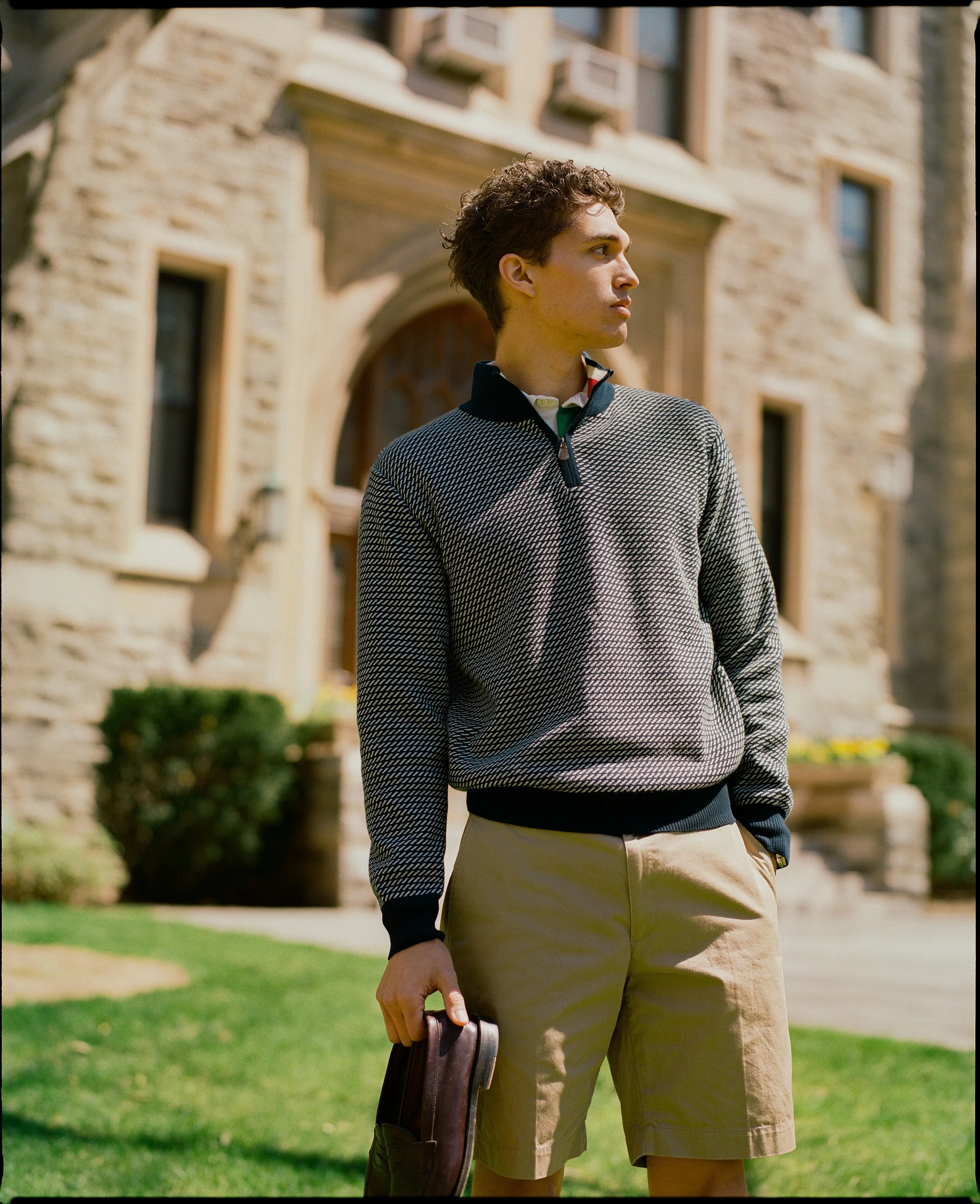 CREAM TIC PATTERN QUARTER ZIP SWEATER