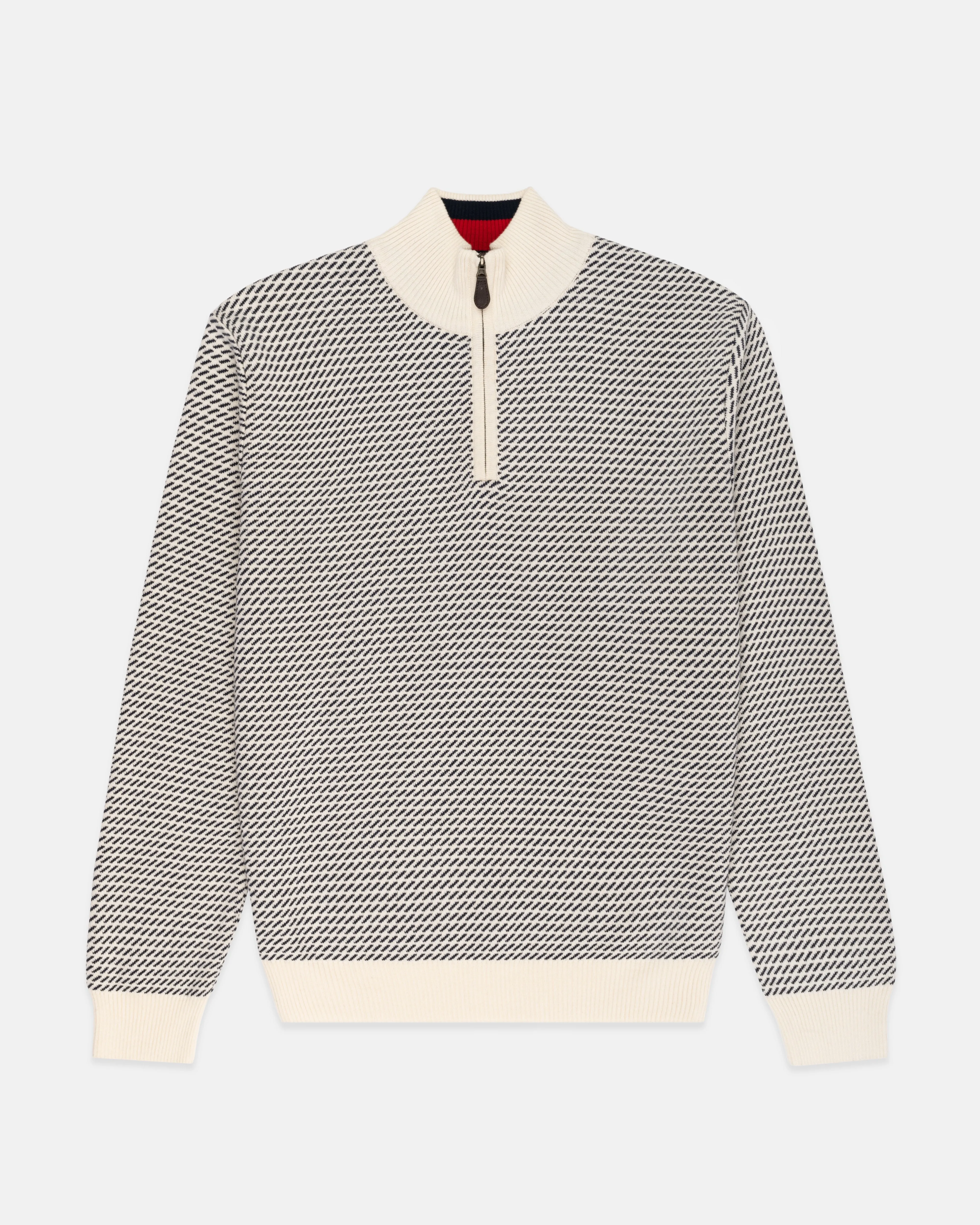 CREAM TIC PATTERN QUARTER ZIP SWEATER