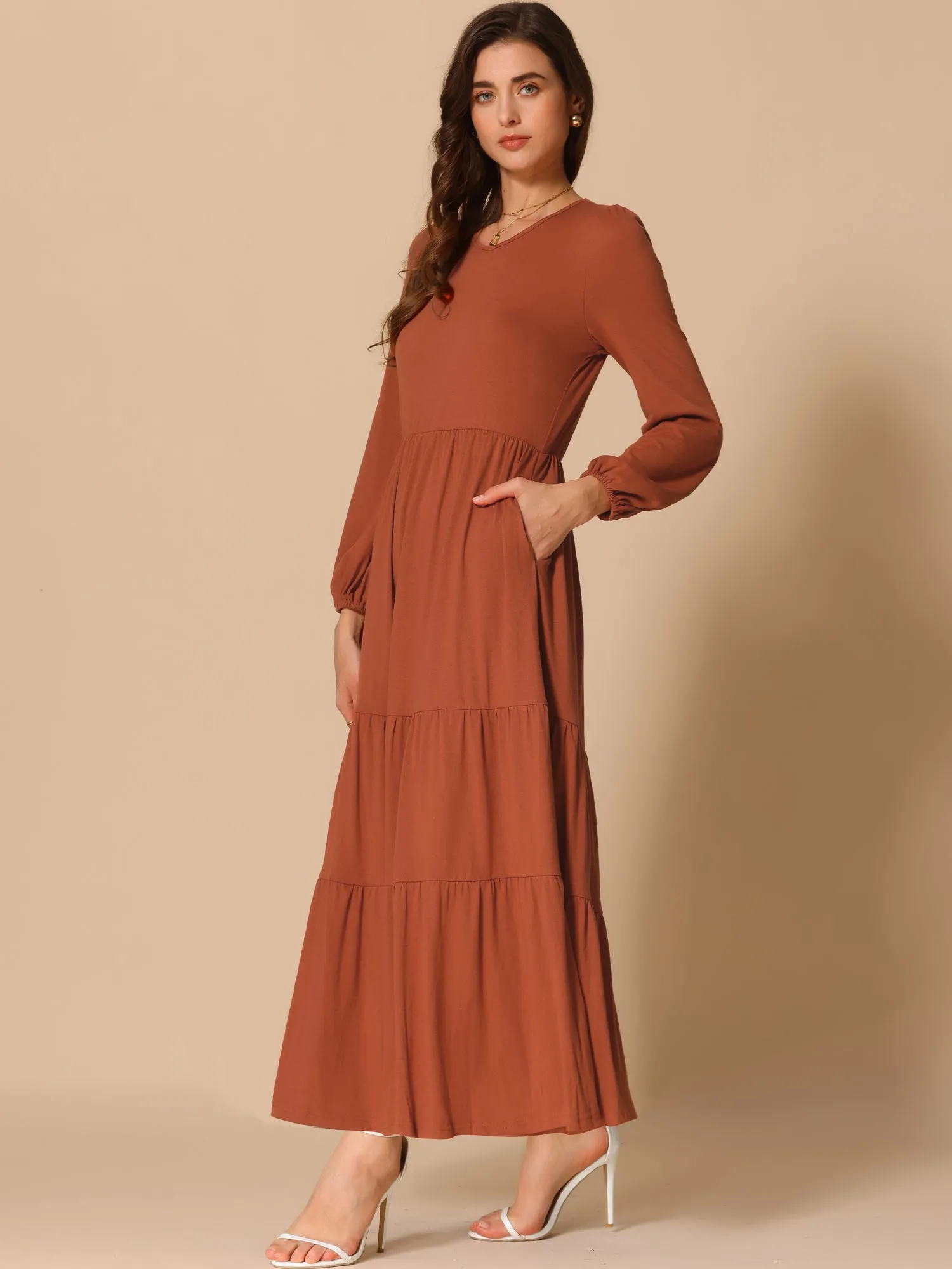 Crew Neck Long Sleeve Pockets Tiered A-Line Maxi Dress