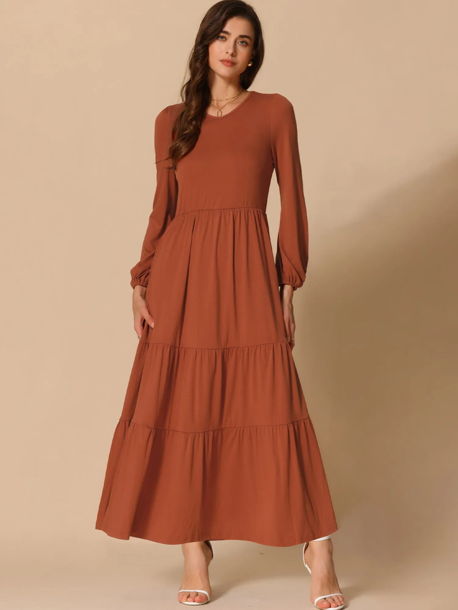 Crew Neck Long Sleeve Pockets Tiered A-Line Maxi Dress