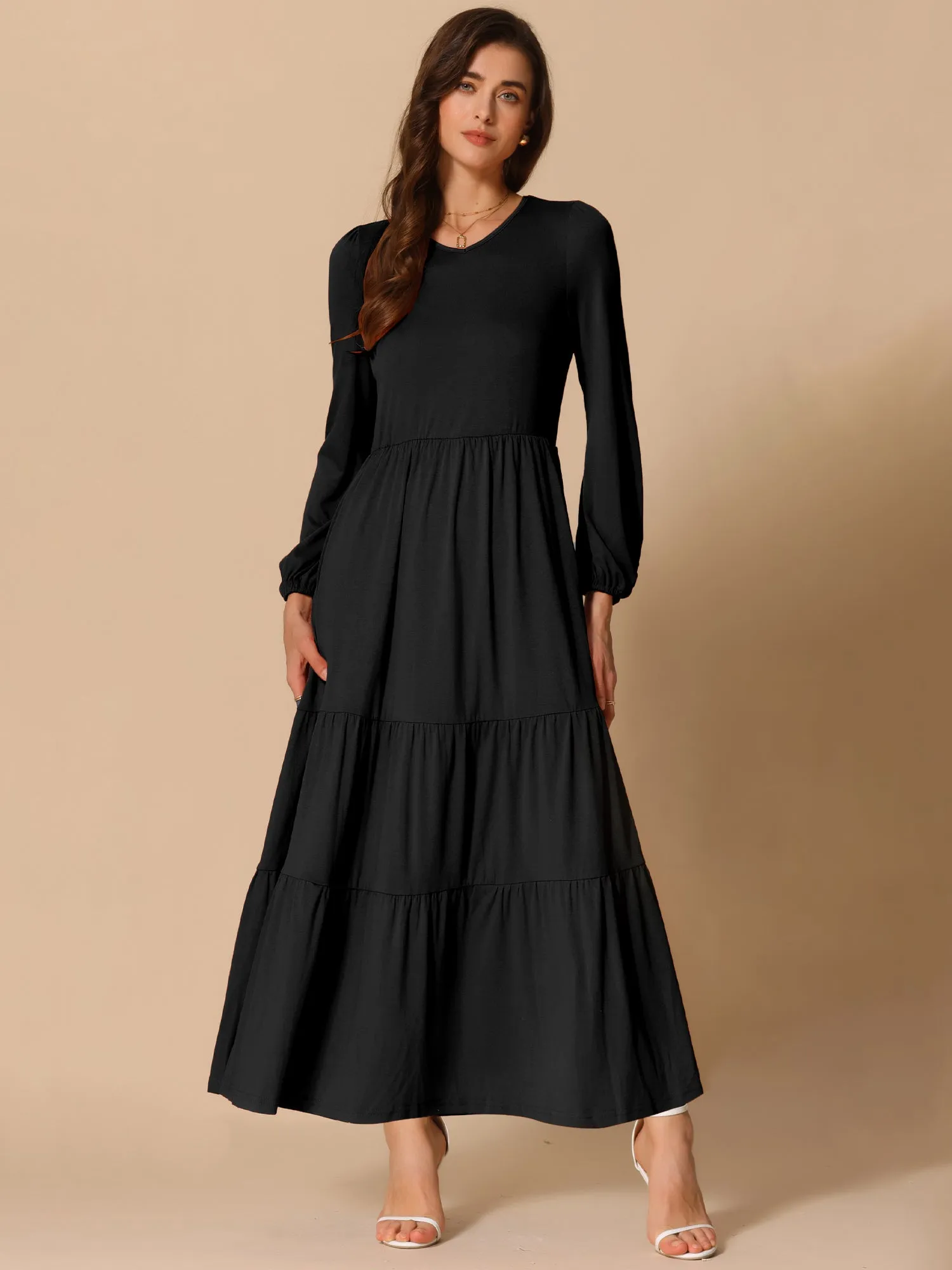 Crew Neck Long Sleeve Pockets Tiered A-Line Maxi Dress
