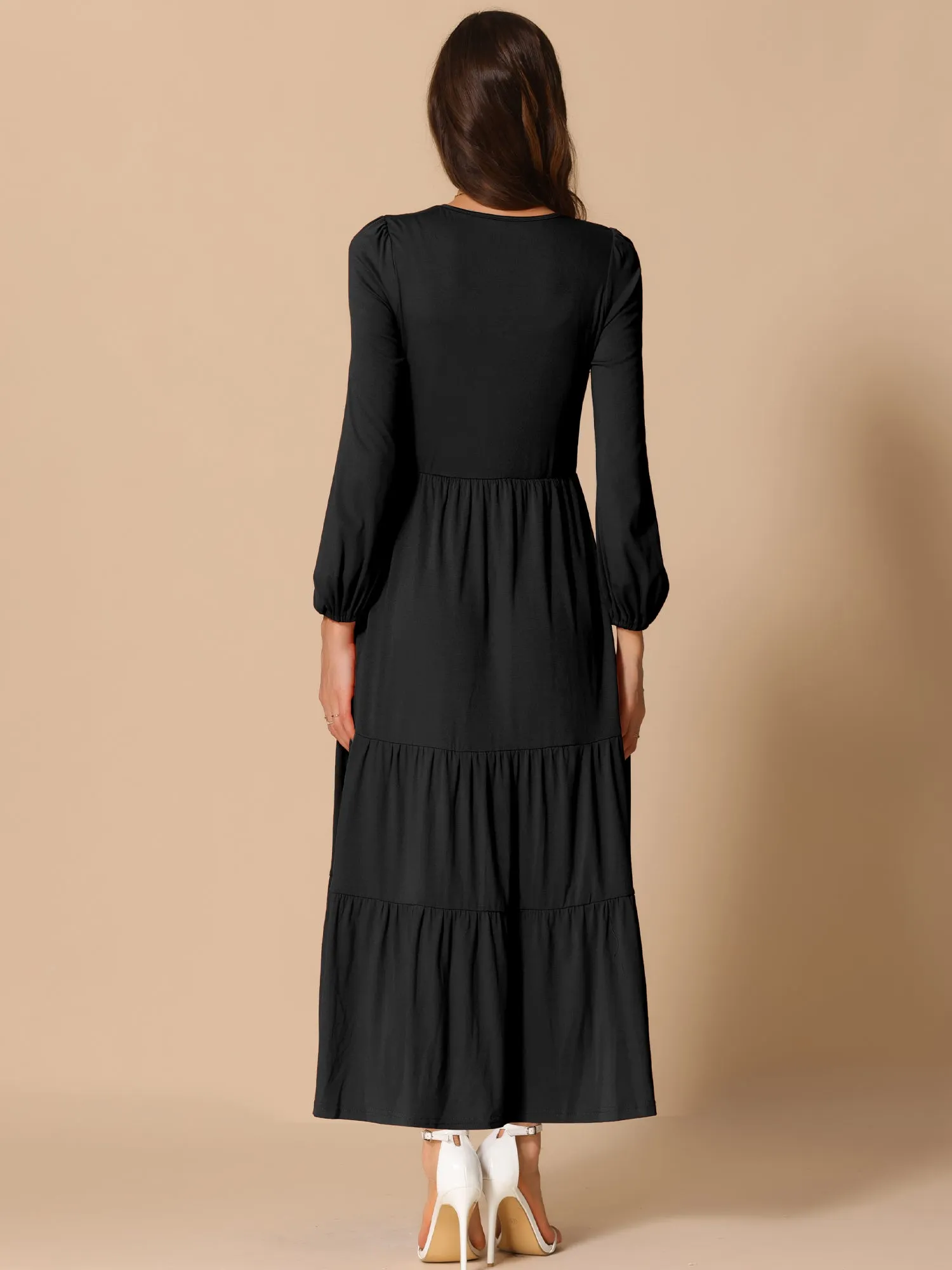 Crew Neck Long Sleeve Pockets Tiered A-Line Maxi Dress