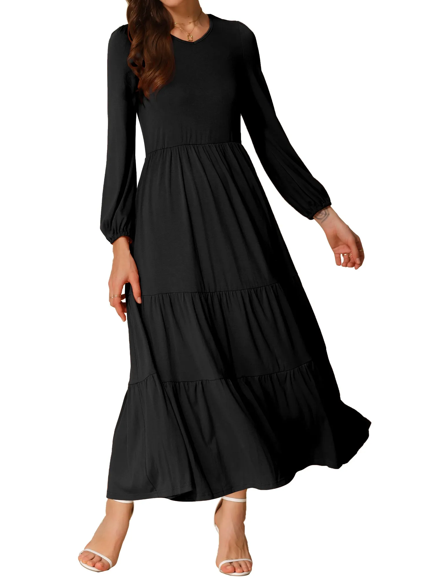 Crew Neck Long Sleeve Pockets Tiered A-Line Maxi Dress