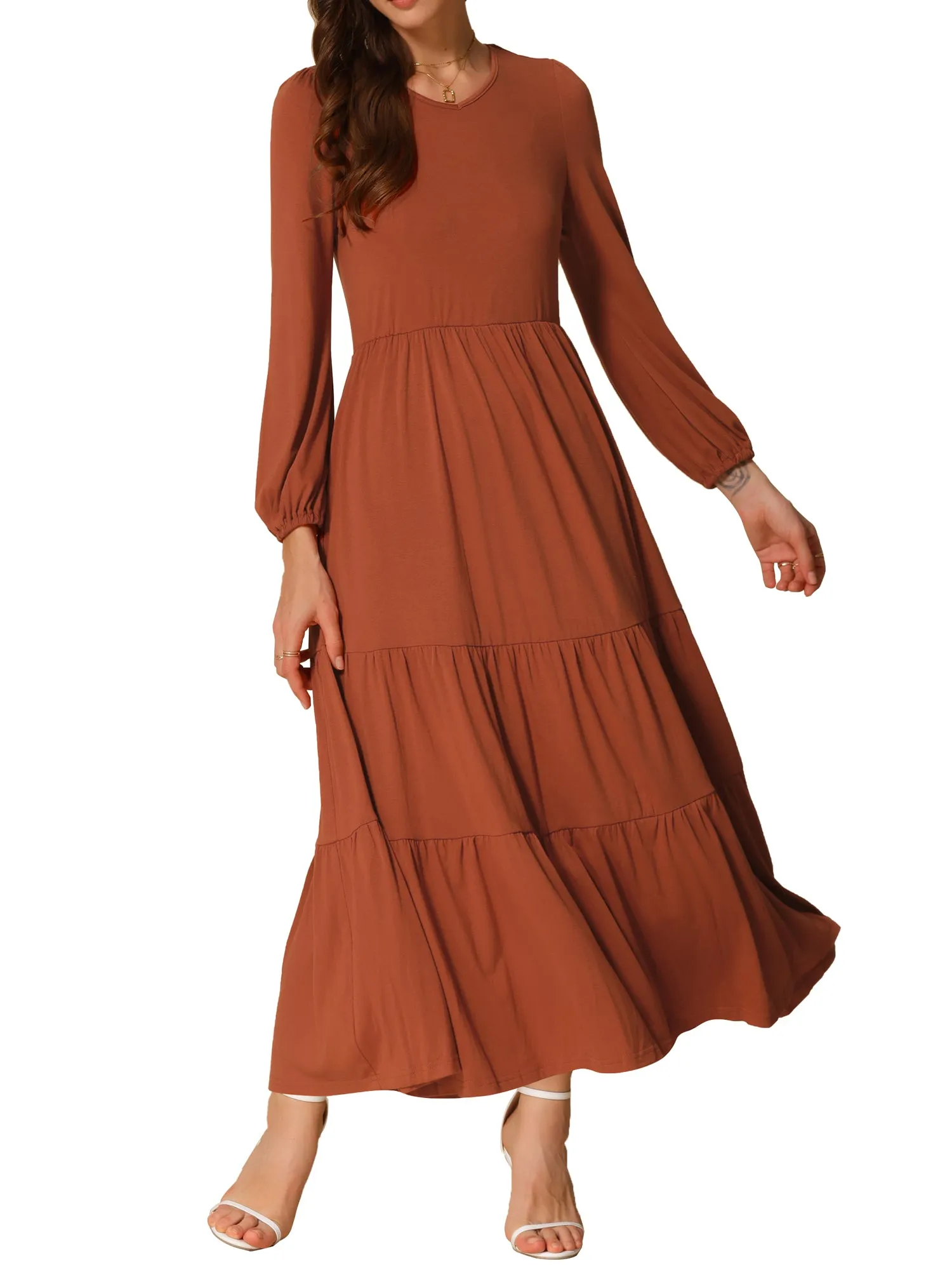 Crew Neck Long Sleeve Pockets Tiered A-Line Maxi Dress