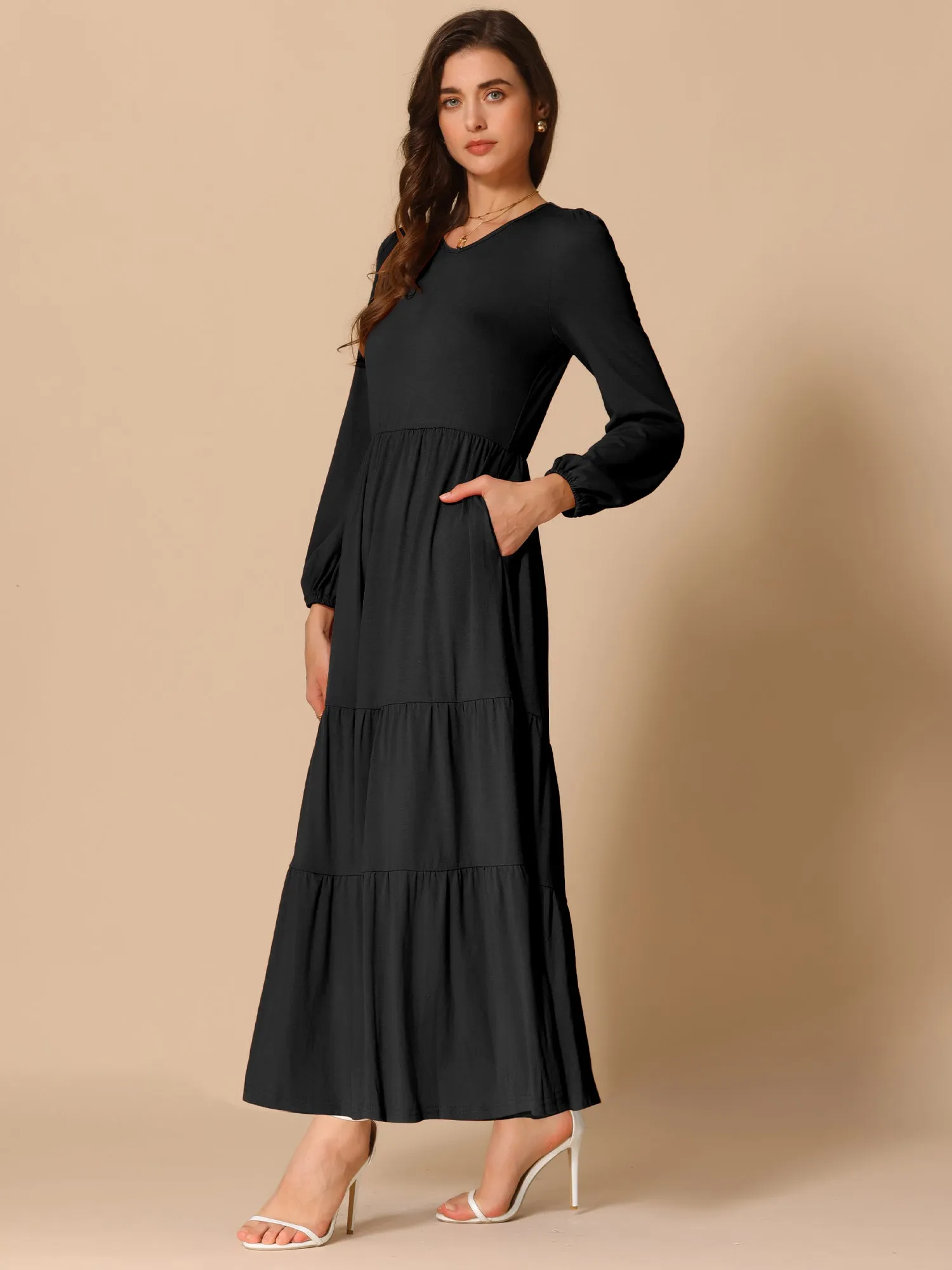 Crew Neck Long Sleeve Pockets Tiered A-Line Maxi Dress