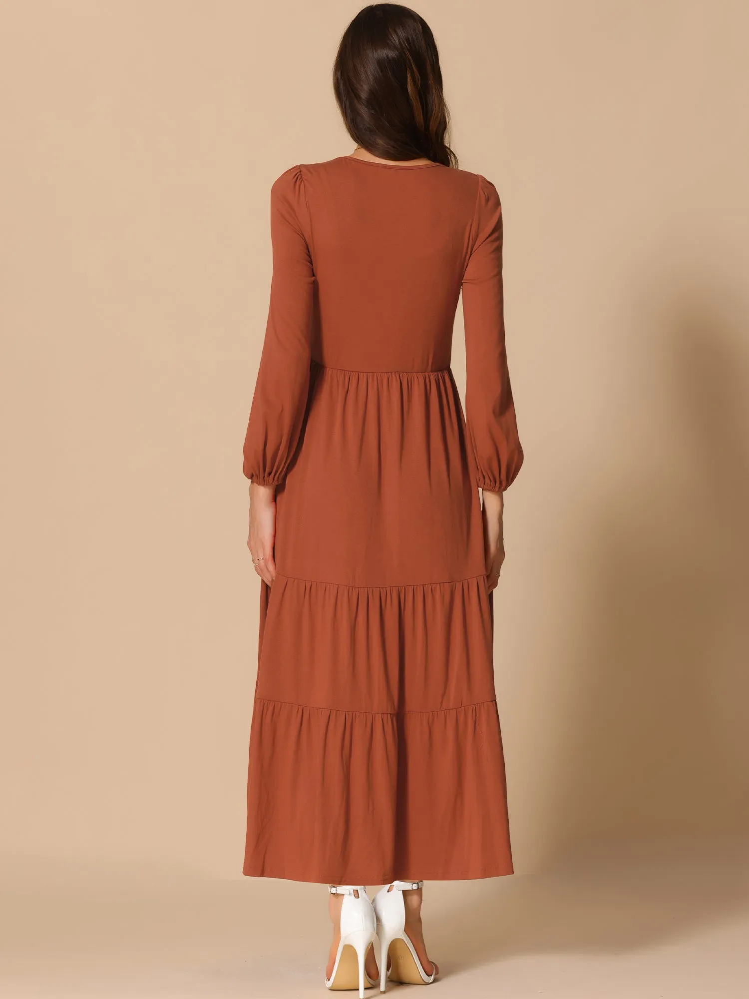 Crew Neck Long Sleeve Pockets Tiered A-Line Maxi Dress