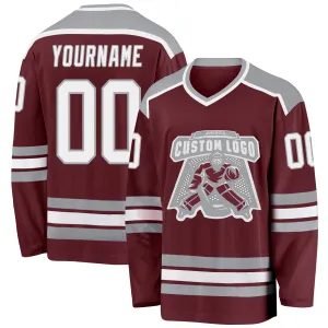 Custom Burgundy White-Gray Hockey Jersey