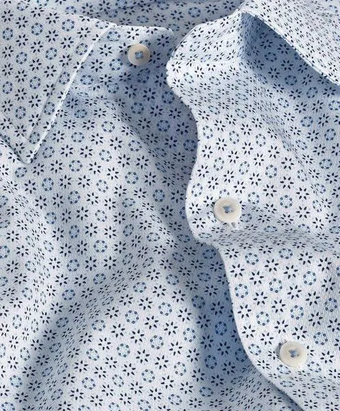 David Donahue White & Blue Neat Print Short Sleeve Shirt