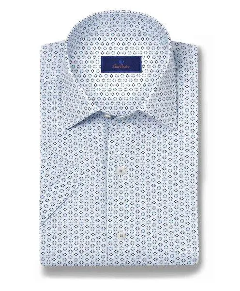 David Donahue White & Blue Neat Print Short Sleeve Shirt