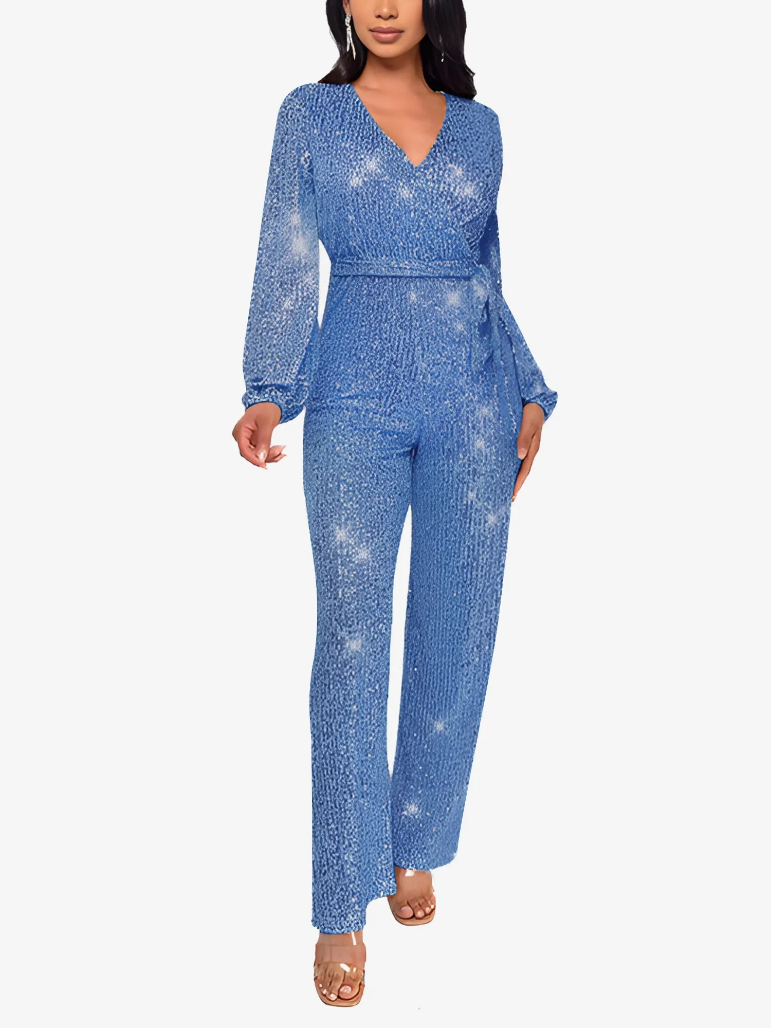 Deep V Neck Sequin Glitter Belted Long Sleeves Jumpsuits