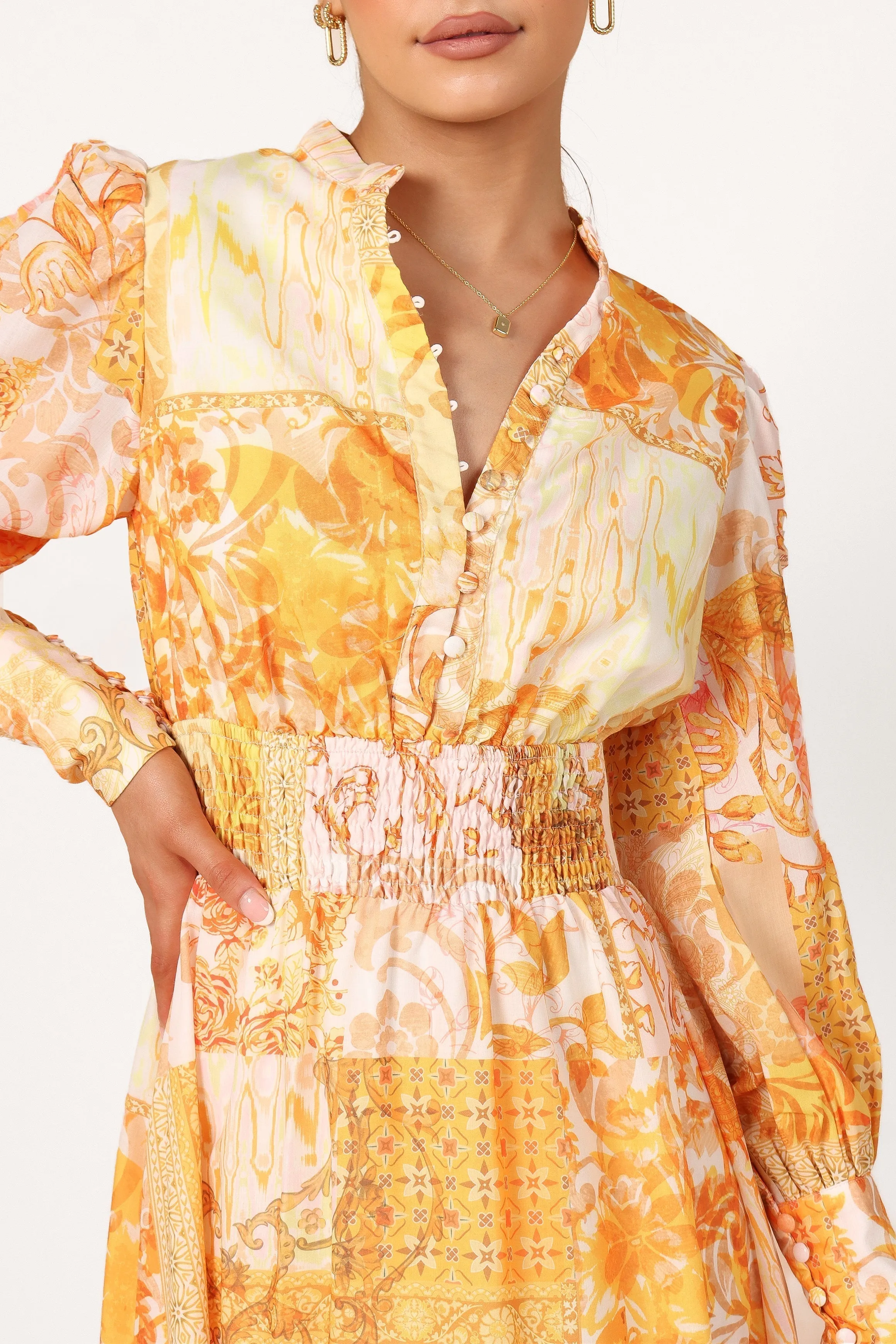 Elements Elastic Waist Long Sleeve Maxi Dress - Mustard